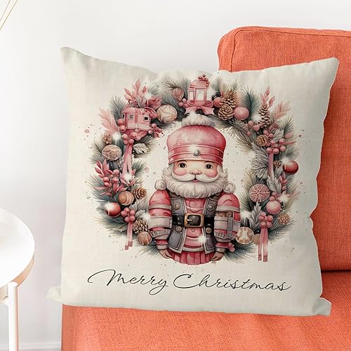 Miniatura 2 de GAGEC Fundas de almohada navideñas de 18 x 18 pulgadas, corona de cascanueces, fundas de almohada rosadas, fundas de almohada de Navidad para
