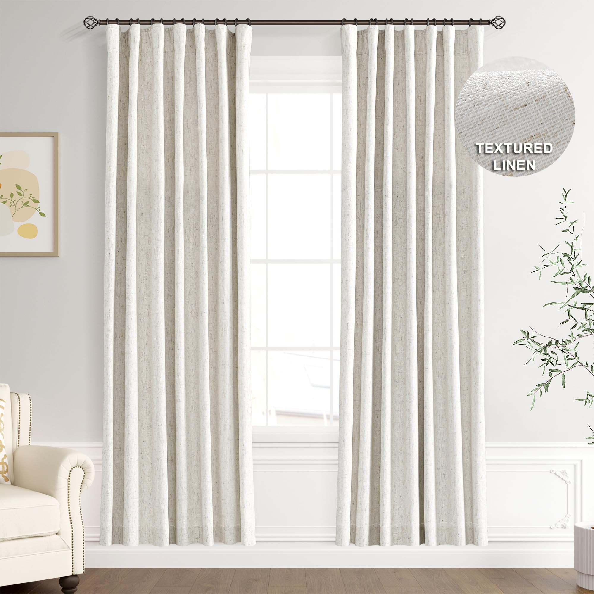 Joywell 100% Blackout Linen Curtains 78 Inches for Bedroom Natural Black Out Curtain Back Tab Rod Pocket Room Dakening Drapes for Living Room Bathroom