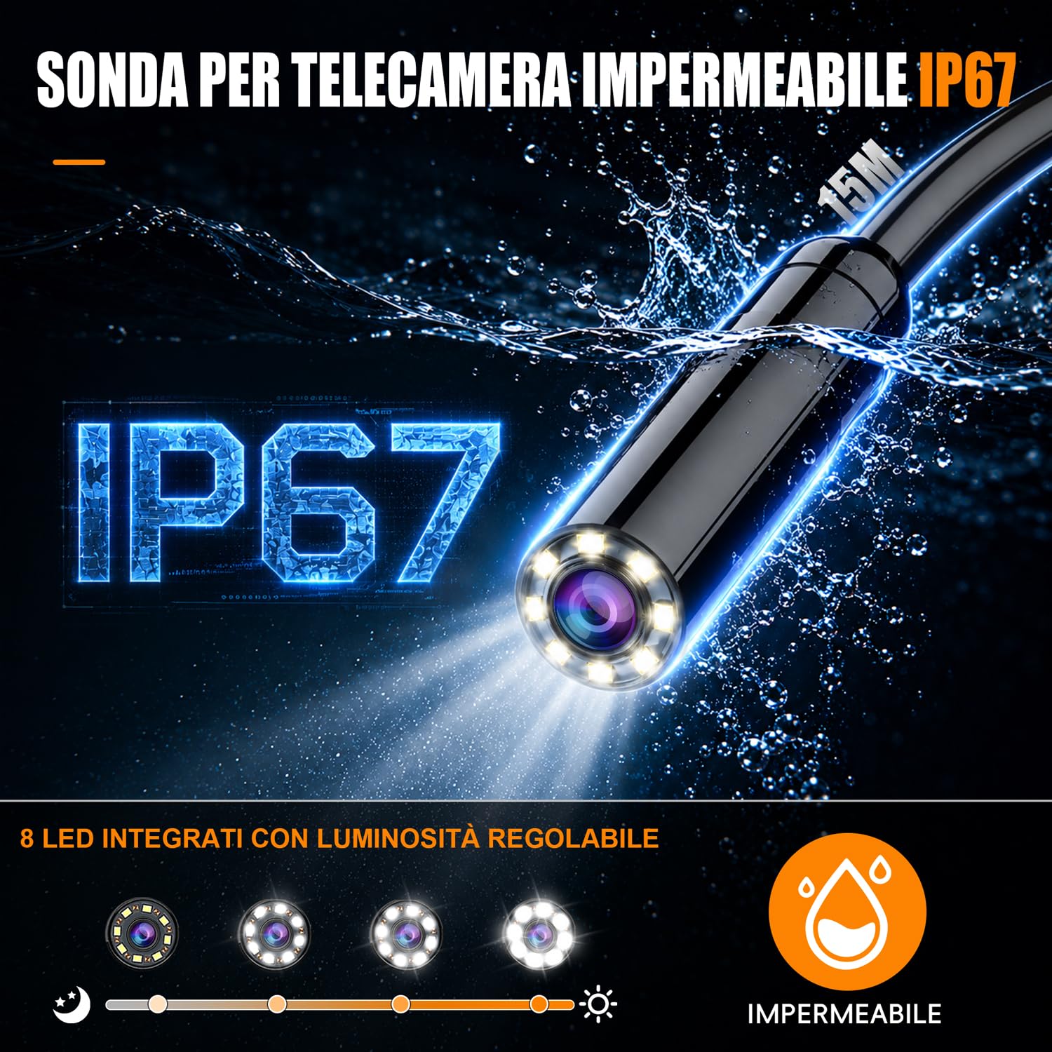 Endoscopio Industriale, SKYBASIC Telecamera Endoscopica 15M con Schermo da 4,3 Pollici Telecamera per Ispezione Impermeabile IP67 Impermeabile, 8 LED, per Tubi, Motore Auto, Scarichi e Casa