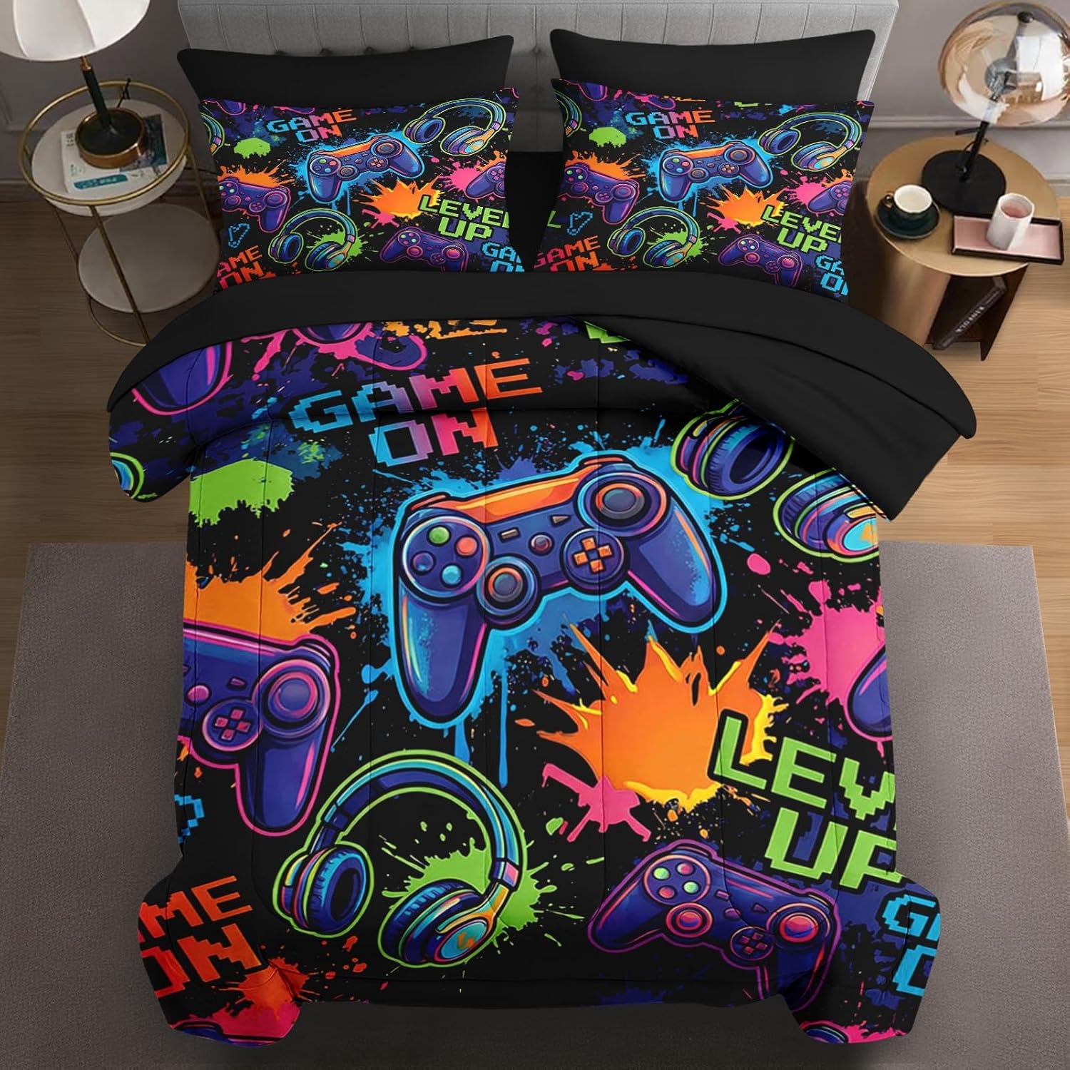 WeCozy 7 Pcs Full Size Comforter Set, Neon Gaming Bedding Set for Boys, Colorful Gamer Bed in a Bag with 2 Pillowcases & 2 Shams