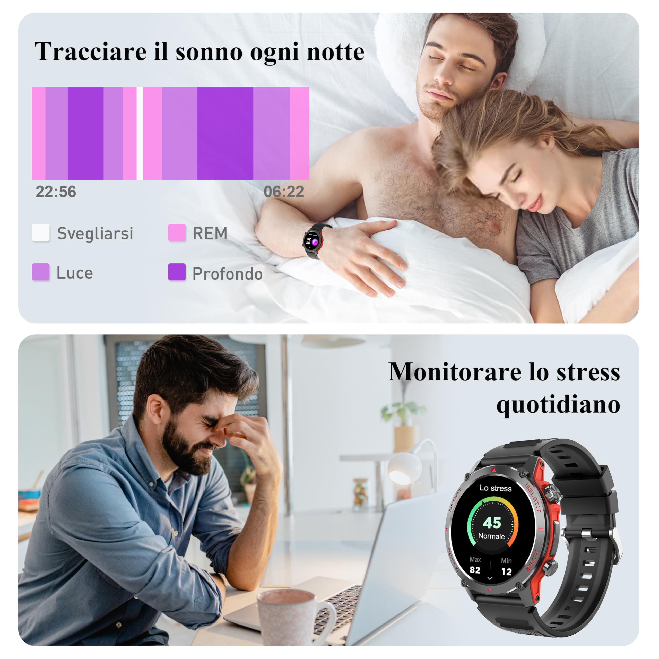 Popglory Smartwatch Uomo Donna, 1.43" AMOLED Orologio Chiamate, Orologio Digitale con Frequenza Cardia/SpO2/Pressione Sanguigna/Sonno/Contapassi, 110+ Sportive Fitness Tracker (No GPS Navigatore)