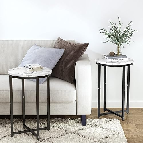 Miniatura 2 de Hooseng Mesa auxiliar redonda, 2 piezas de mármol sintético, mesa auxiliar redonda blanca pequeña, mesa redonda moderna para decoración del hogar