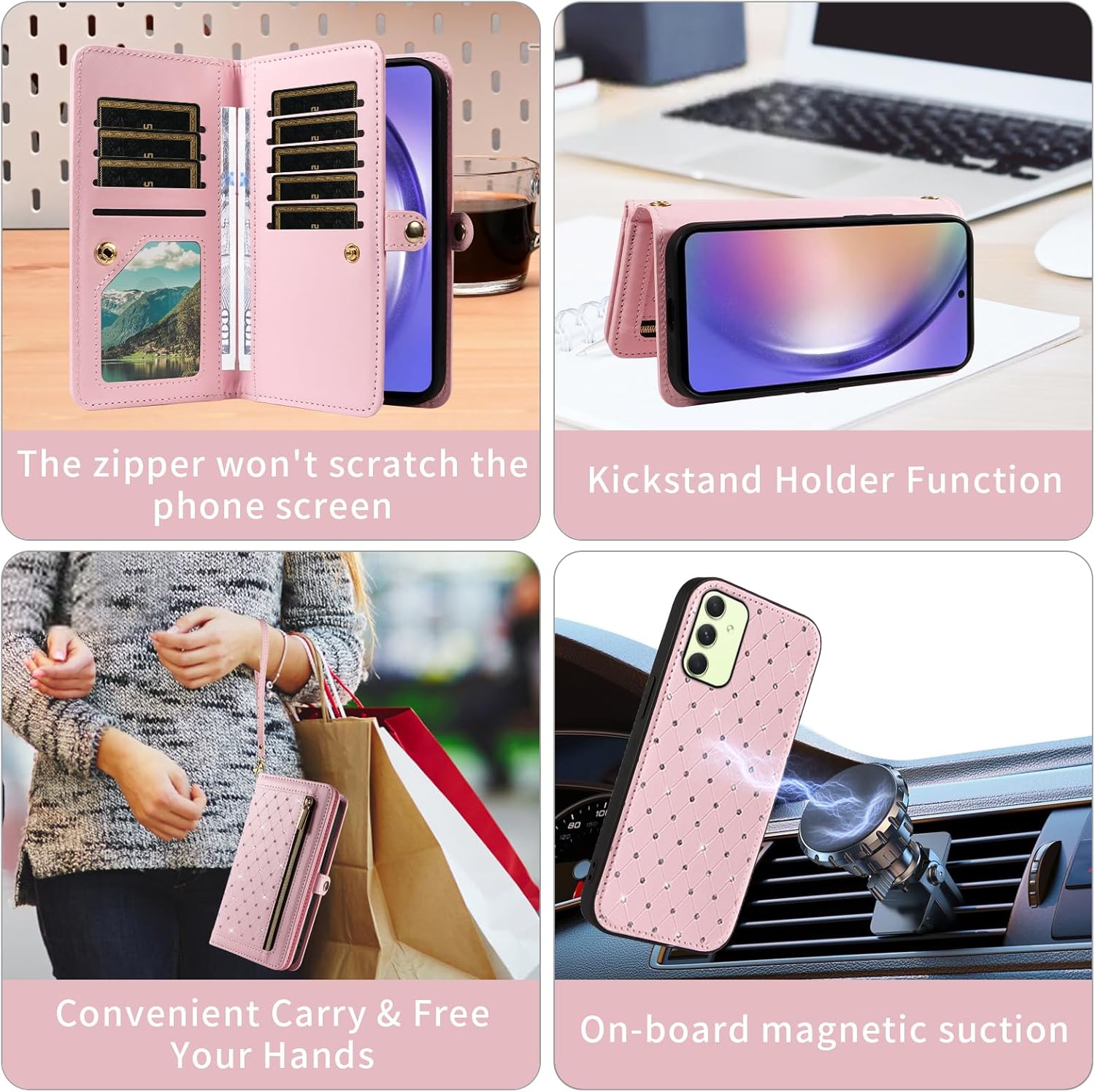Asuwish Phone Case for Samsung Galaxy A54 5G Zipper Wallet Detachable Magnetic Cell Cover with Screen Protector Crossbody Strap Bling Flip Credit Card Holder A545G A 54 54A 4G G5 SM A546U Women Pink