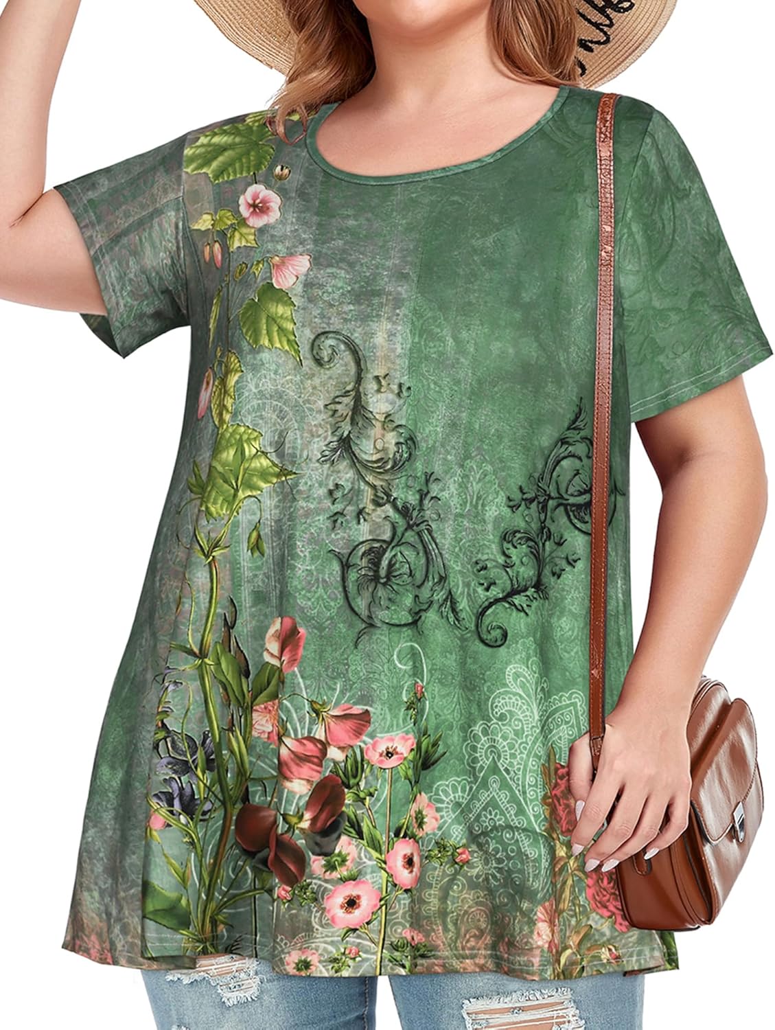 JOELLYUS Plus Size Tops for Women Tunic Floral Casual Short Sleeves T Shirts Flowy Blouses - Image 2