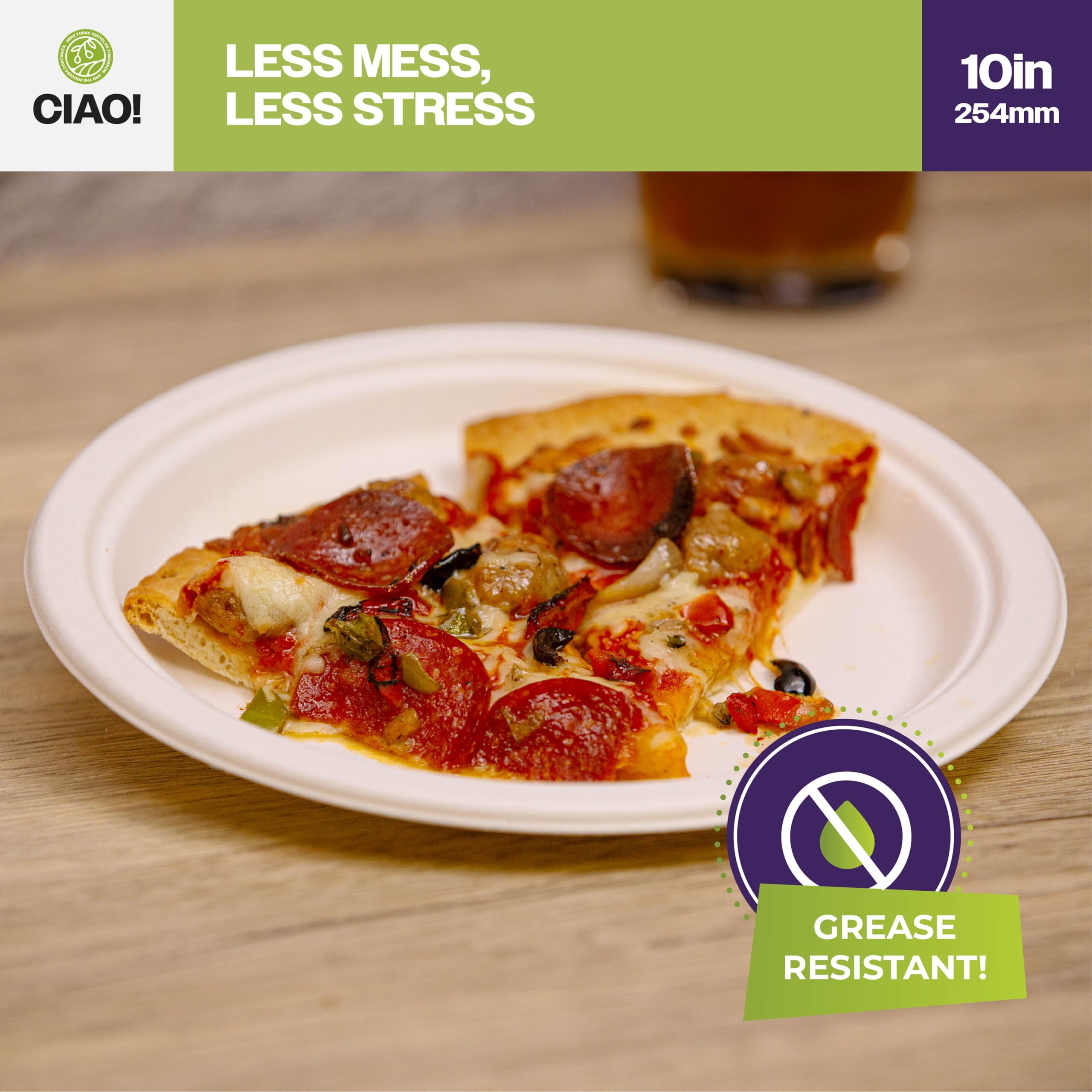 CIAO! Plato resistente de 25,4 cm, 100 % compostable, sin PFAS, bagazo sin blanquear, color blanco natural (paquete de 500)