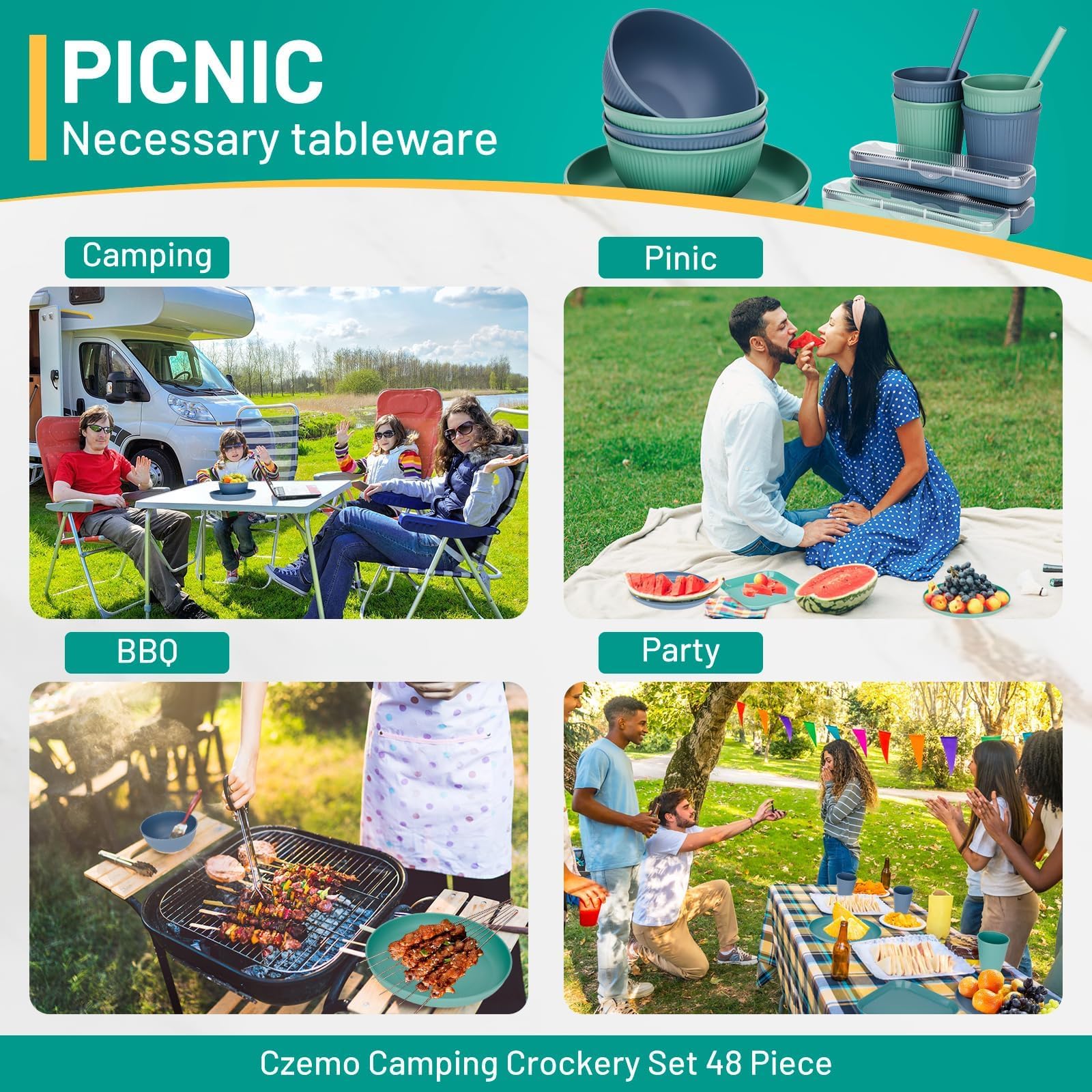 Juego de Vajilla de 55 Piezas para 4 Personas,Vajilla de Plástico, Reutilizado Vajilla Irrompible,Cuencos y Platos para Cena, Picnic, Camping, Barbacoa