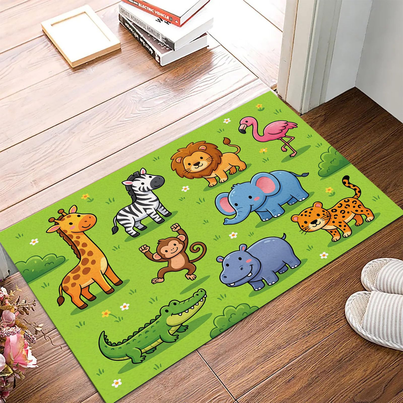 Tapis Thème Animalier Dessin Animé Vert pour Décorer la Chambre de Vos Enfants