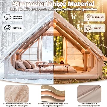Inflatable Camping Tent with Pump, 420D Oxford Glamping Inflatable Sport Tent for Camping, 4 Season Windproof Outdoor Blow Up Cabin Tent with Mesh Windows & Doors for Camping