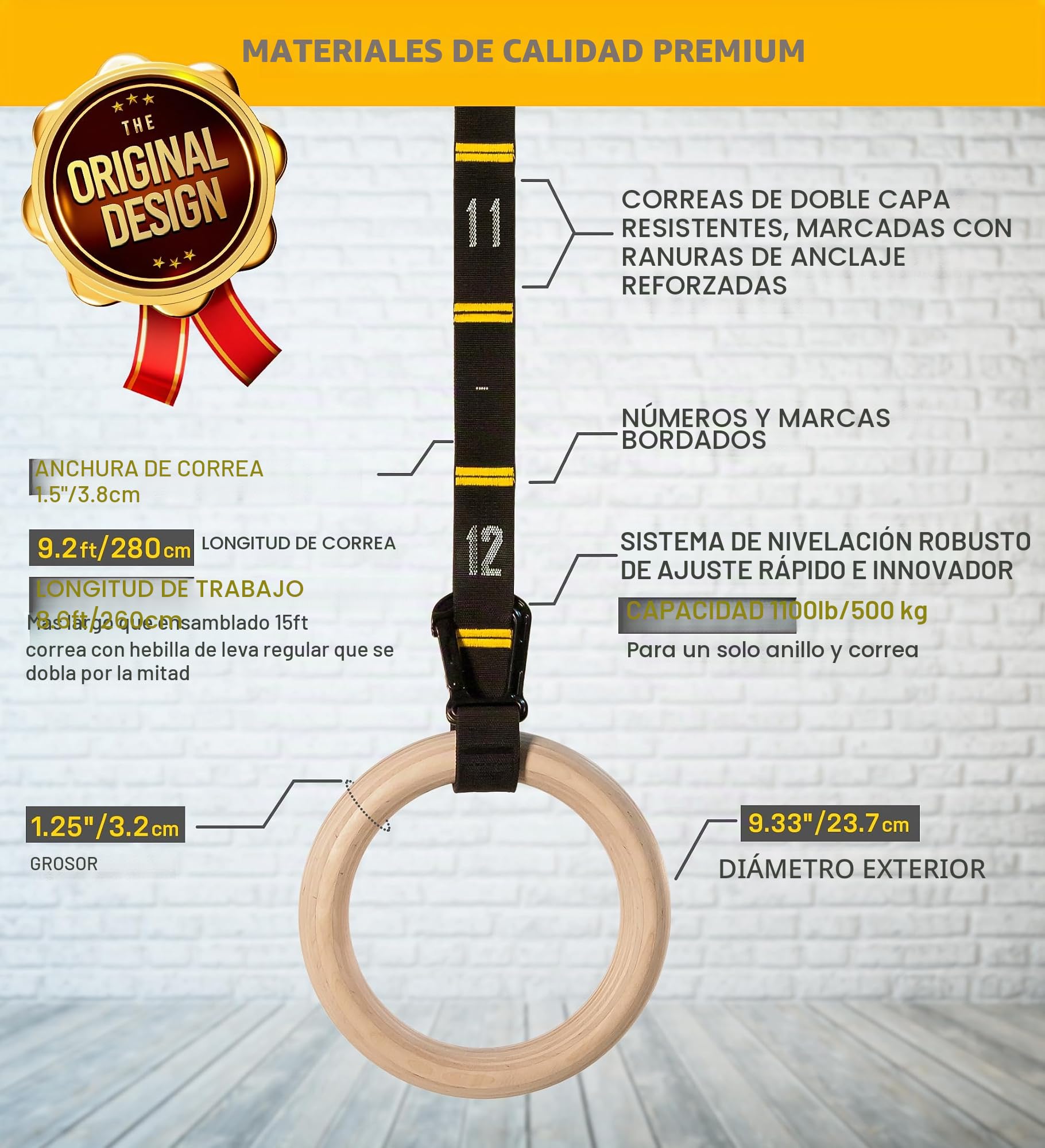 Anillos de Gimnasia de Madera Double Circle con Correas de Ajuste Rápido y Guía de Videos