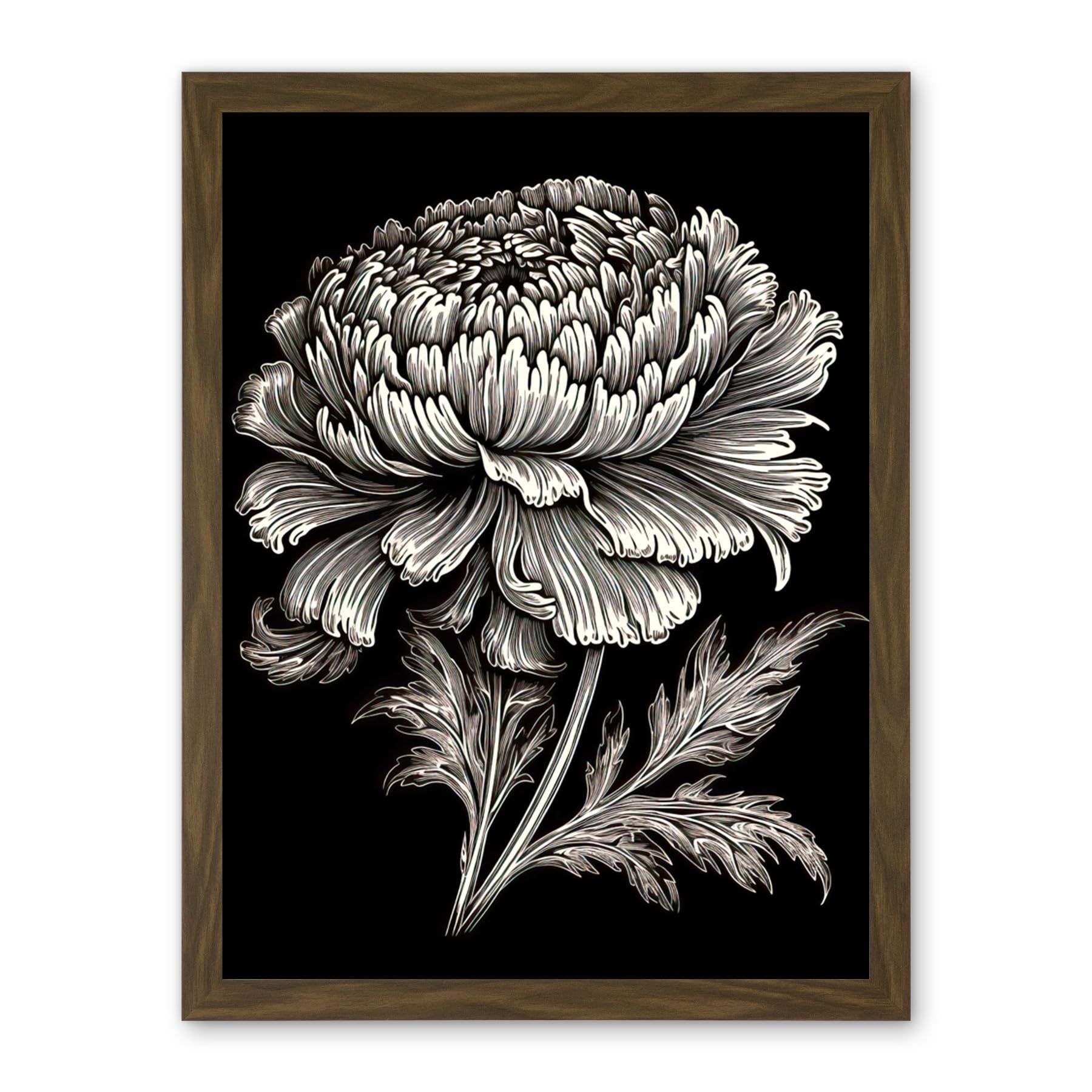 Artery8 A Single Marigold Flower Black and White Linocut Artwork Framed Wall Art Print 18X24 Inch