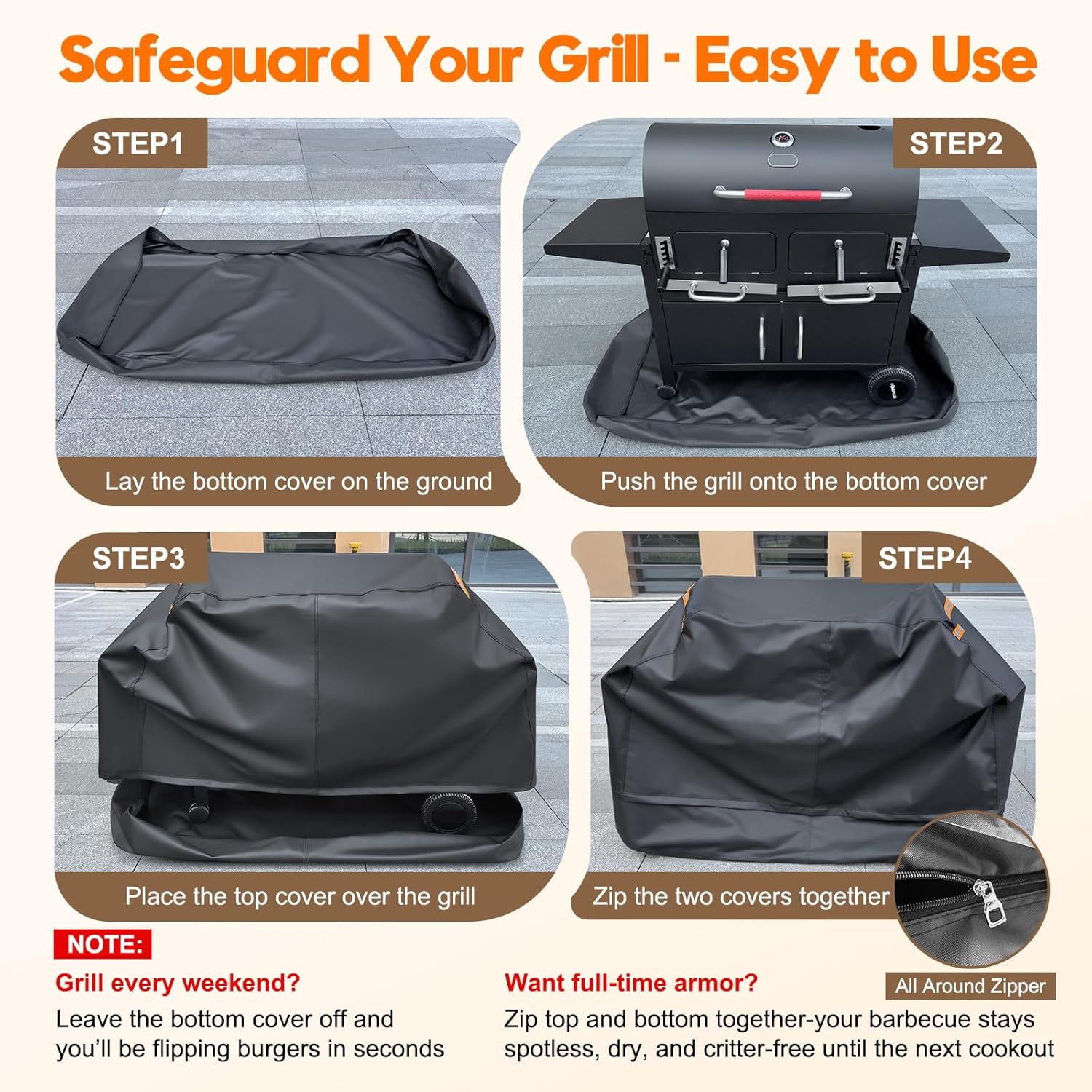 Patented Fully Enclosed Grill Covers for Outdoor Grill 48 Inch 2-in-1 Heavy Duty Barbecue Grill Cover 600D Waterproof Animal-Proof BBQ Cover Outside Fits Weber, Char-Broil, Nexgrill and More