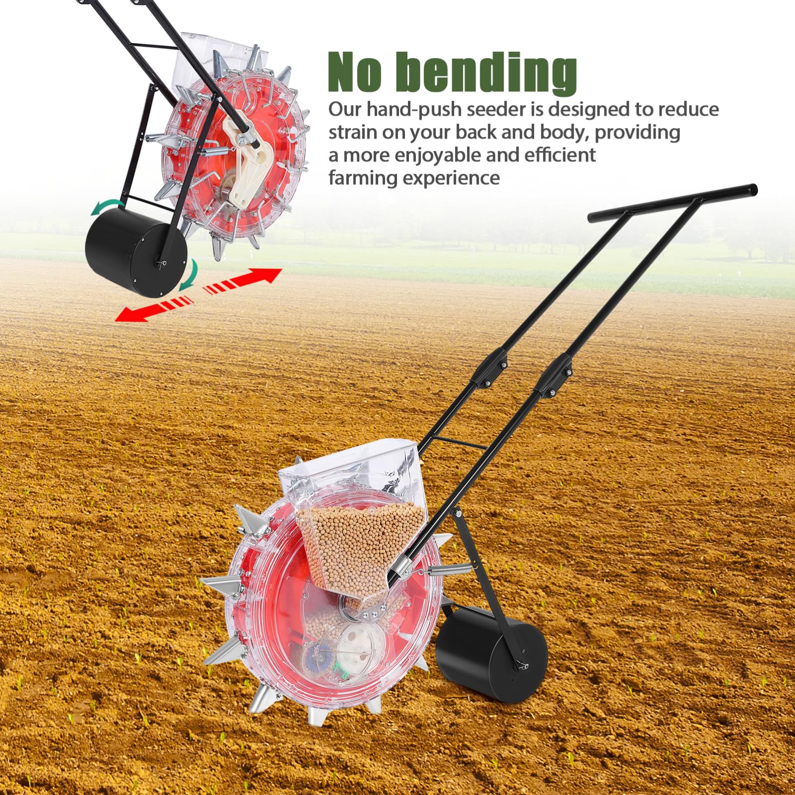 Hemobllo Sembradora Manual Rodillo de Plantación Rojo de Hierro y Plástico | Dosificador de Semillas y Fertilizante, Tecnología de Rodillo Cuantitativo, Uso Agrícola y Jardinería