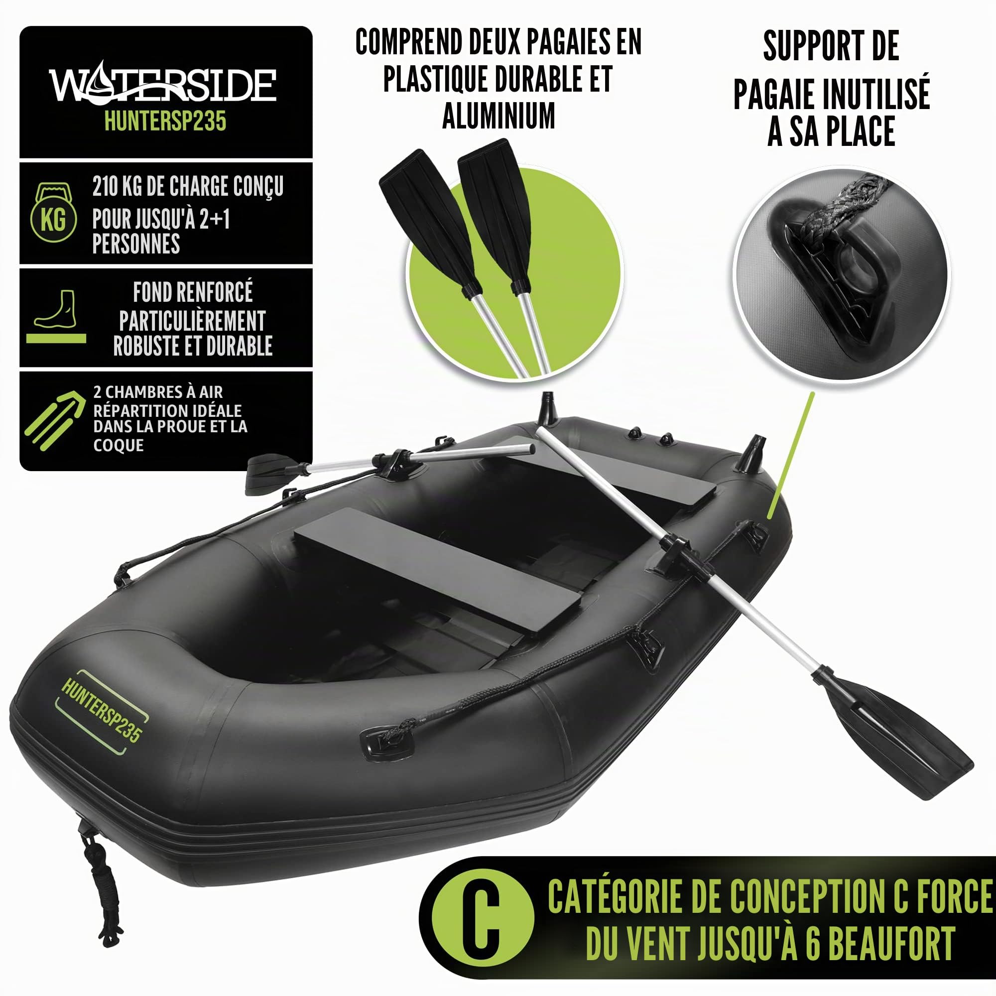 Waterside Hunter SP 235 Bateau gonflable 230 cm jusqu'à 210 kg avec pagaie et pompe | PVC de 0,7 mm - Charge maximale : 210 kg - Poids net : 15 kg - Avec pagaie et pompe