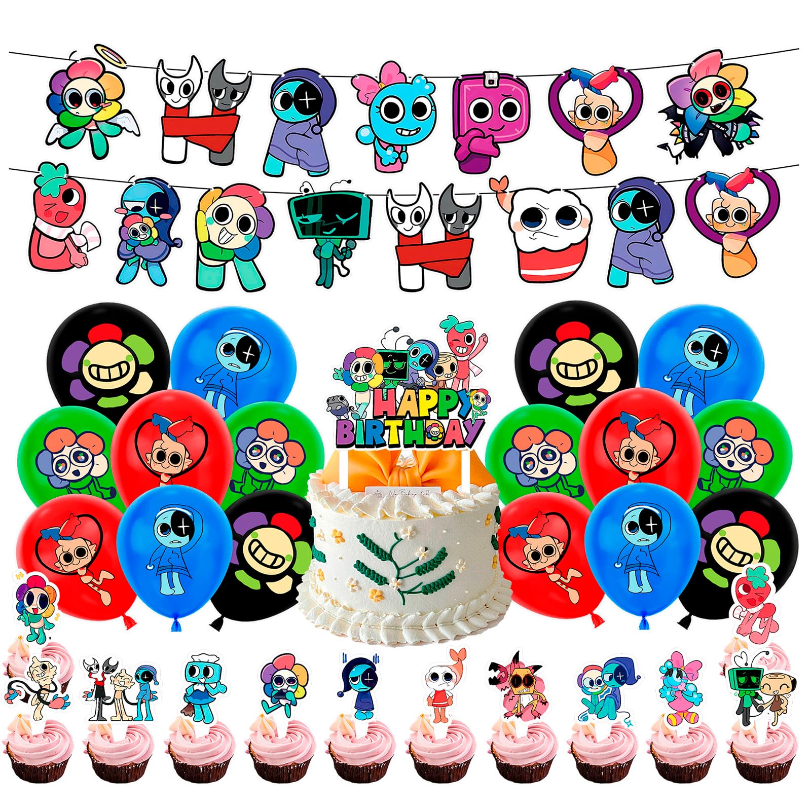 Birthday Party Decorations Supplies for Kids Boys, Cartoon Happy Birthday Decorations with Banner, Balloons, Cake Topper, Cupcake Toppers