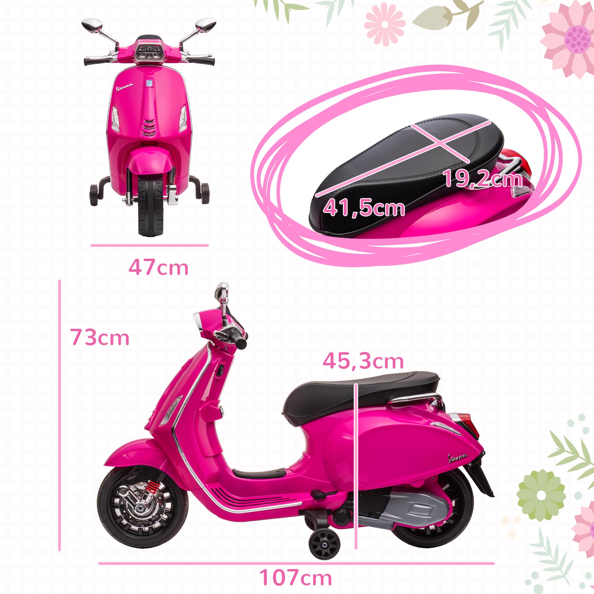 AIYAPLAY Scooter électrique Enfant Vespa 6 V Moto électrique pour Enfants 3-6 Ans dim. 107L x 47l x 73H cm Musique MP3 Port USB Radio FM Phare 2 Roues d'entraînement - Rose
