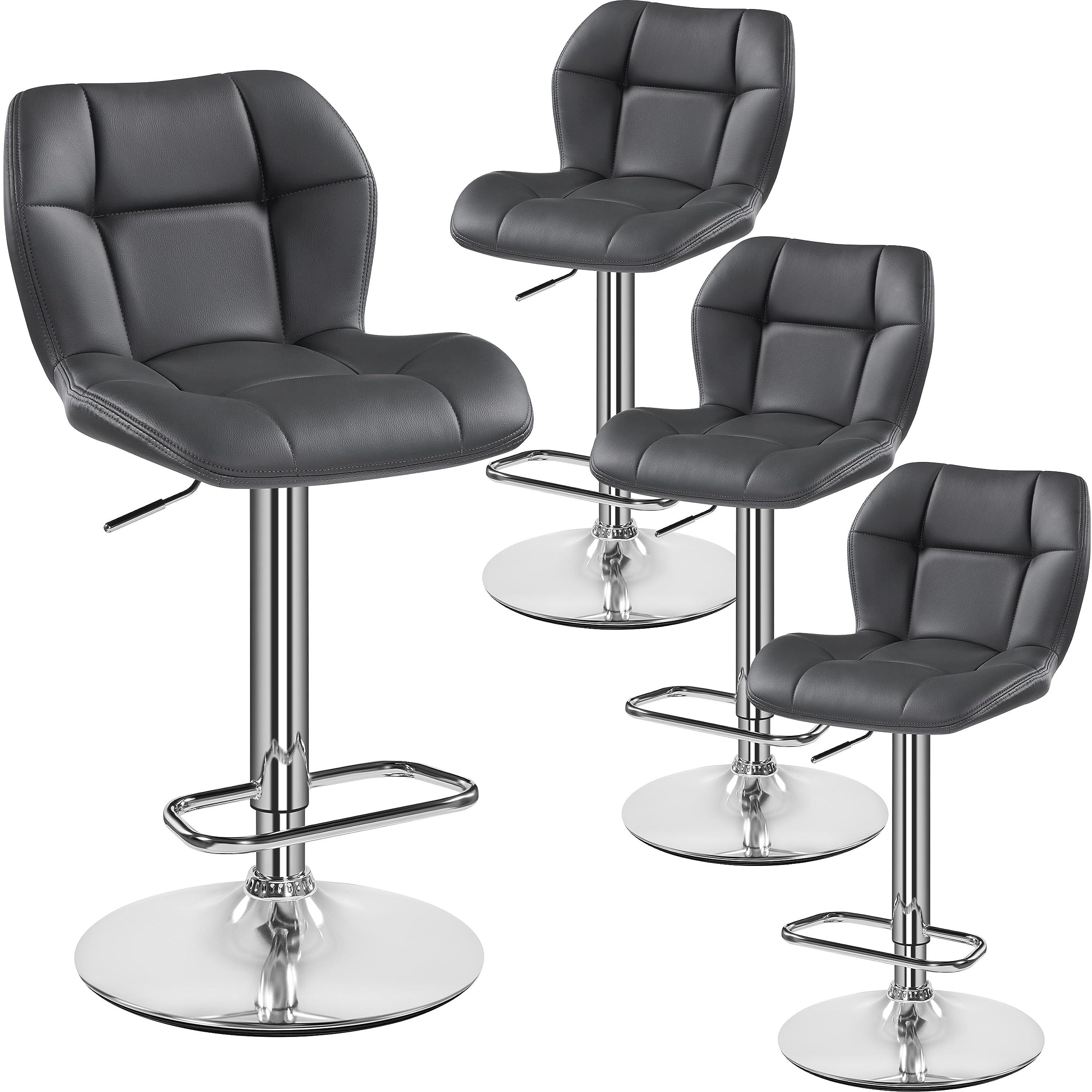 Yaheetech Bar Stools, PU Leather Breakfast Bar Chairs, Swivel Height Adjustable Barstools, Counter Stools with Backrest for Home Kitchen, Restaurant, Grey, 4PCS