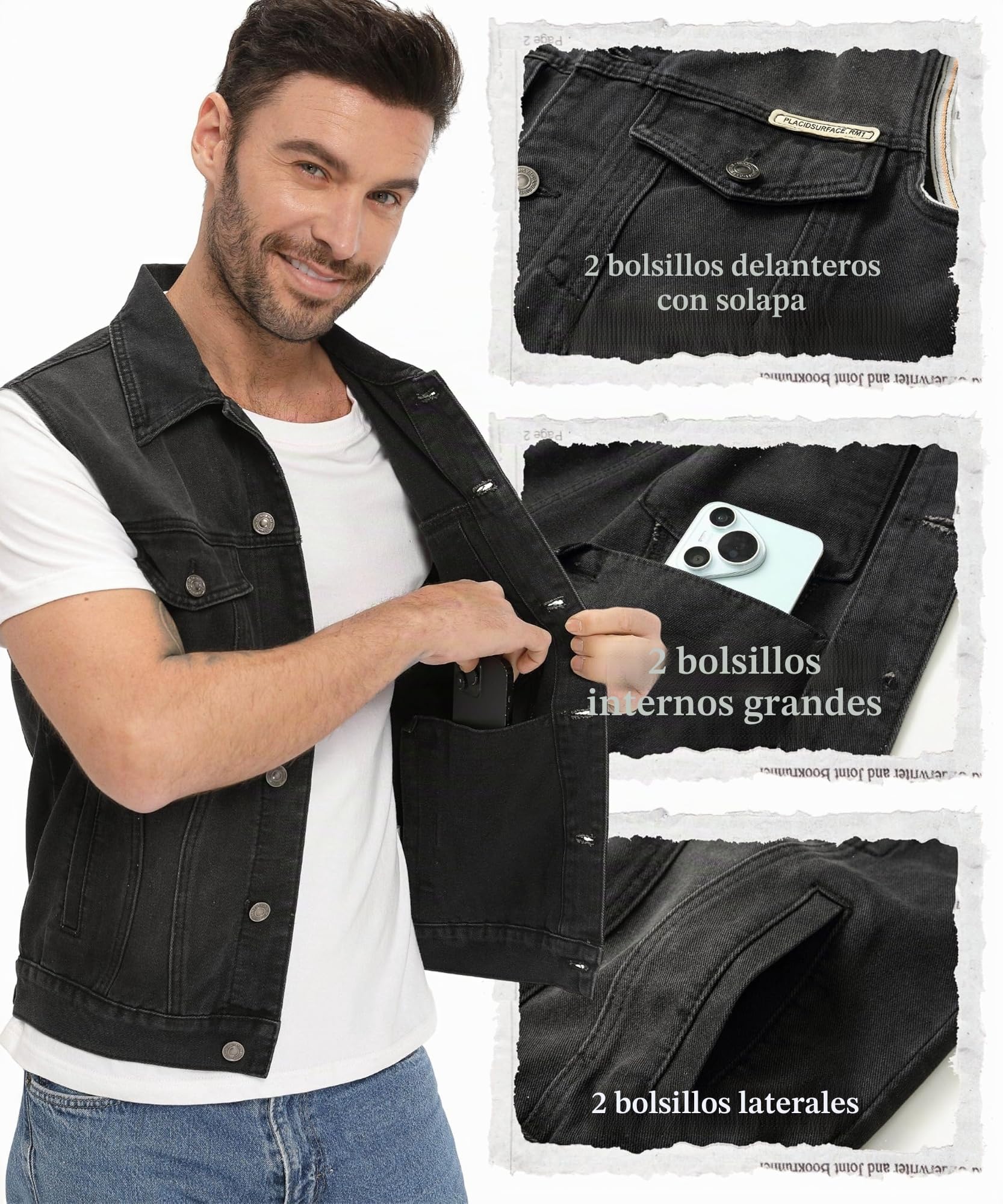 Chaleco de Jeans para Hombre Clásico Vintage Jeans Chaqueta de Moto Multibolsillos Denim Chaleco Casual Sin Mangas con Botones