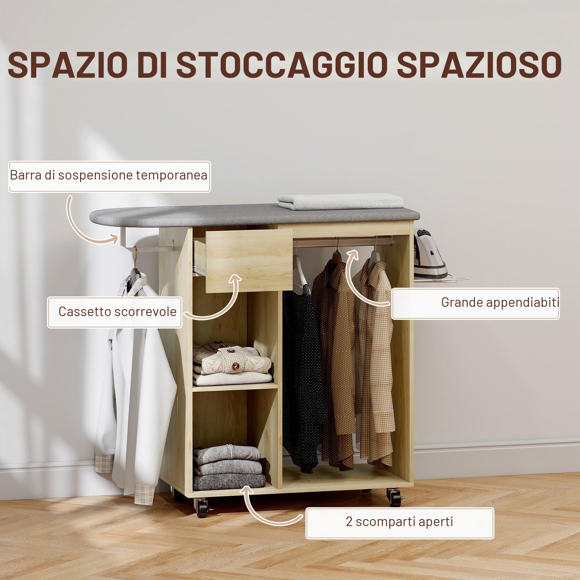 HOMCOM Armadio da stiro in legno, asse da stiro con rotelle, asta appendiabiti, ripiano aperto, per soggiorno, camera da letto, 125 x 43,5 x 102,5 cm, legno naturale