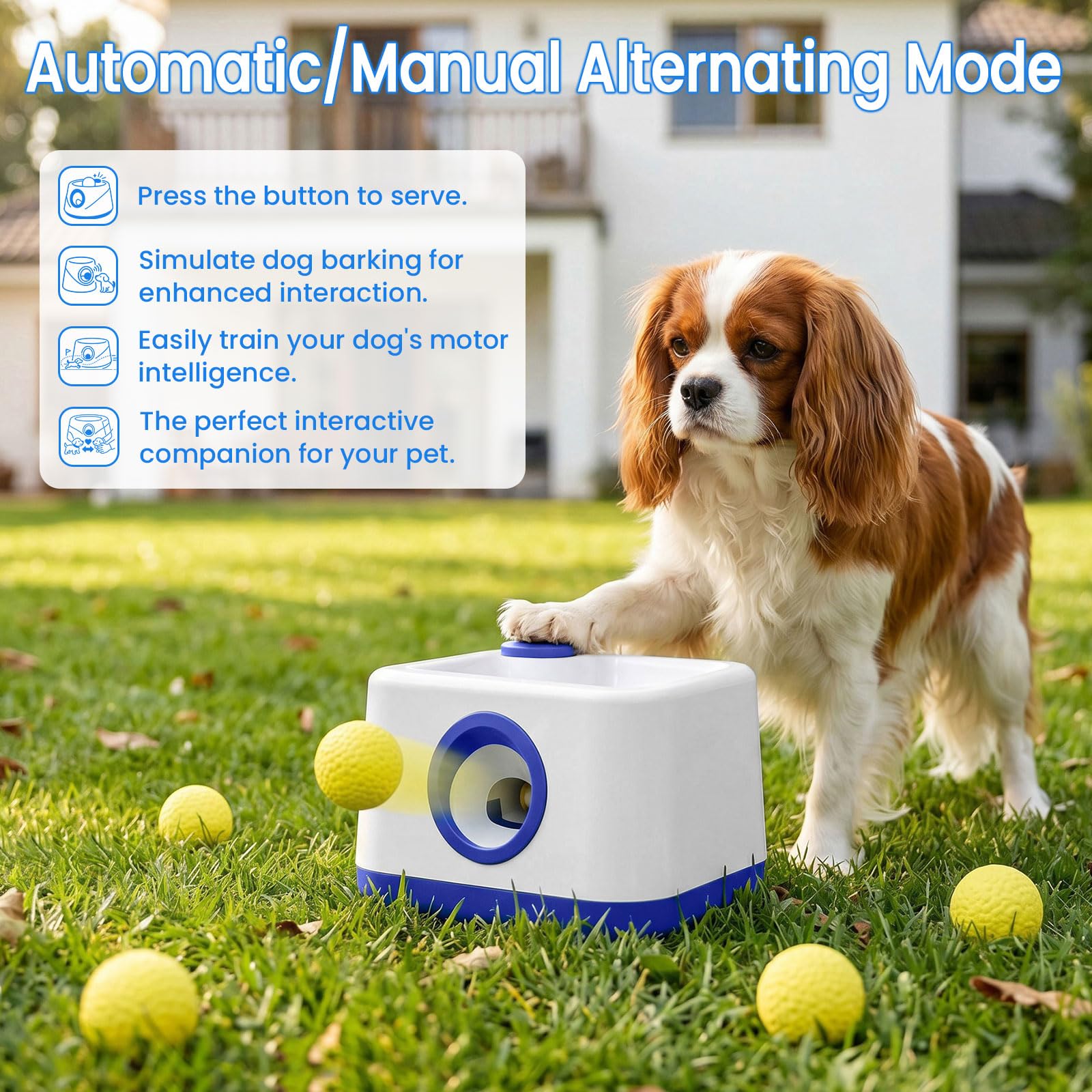 jianyana Lanciatore automatico di palline per cani, giocattolo interattivo automatico e manuale, doppia modalità, 4 distanze regolabili con 4 palline in ETPU, anti-inceppamento, per casa, giardino