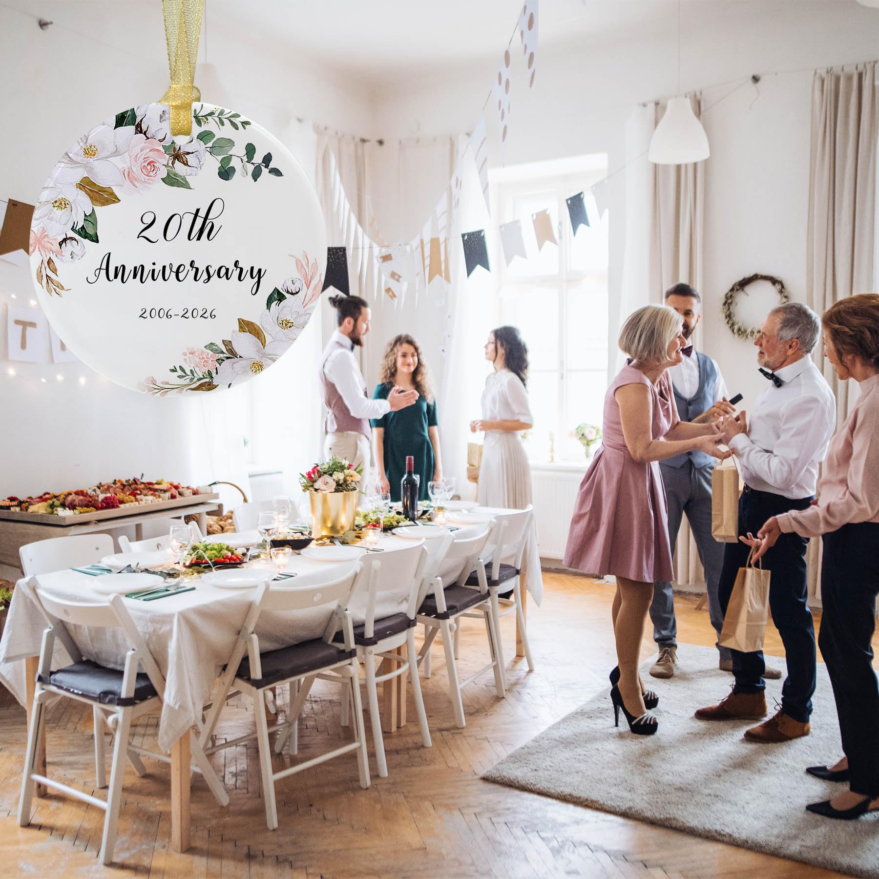 SIABERTERL Adorno de 20 aniversario 2024, 20 aniversario para parejas de padres, adorno de cerámica de 20 años para bodas en el hogar con cinta y caja de regalo de color de amor