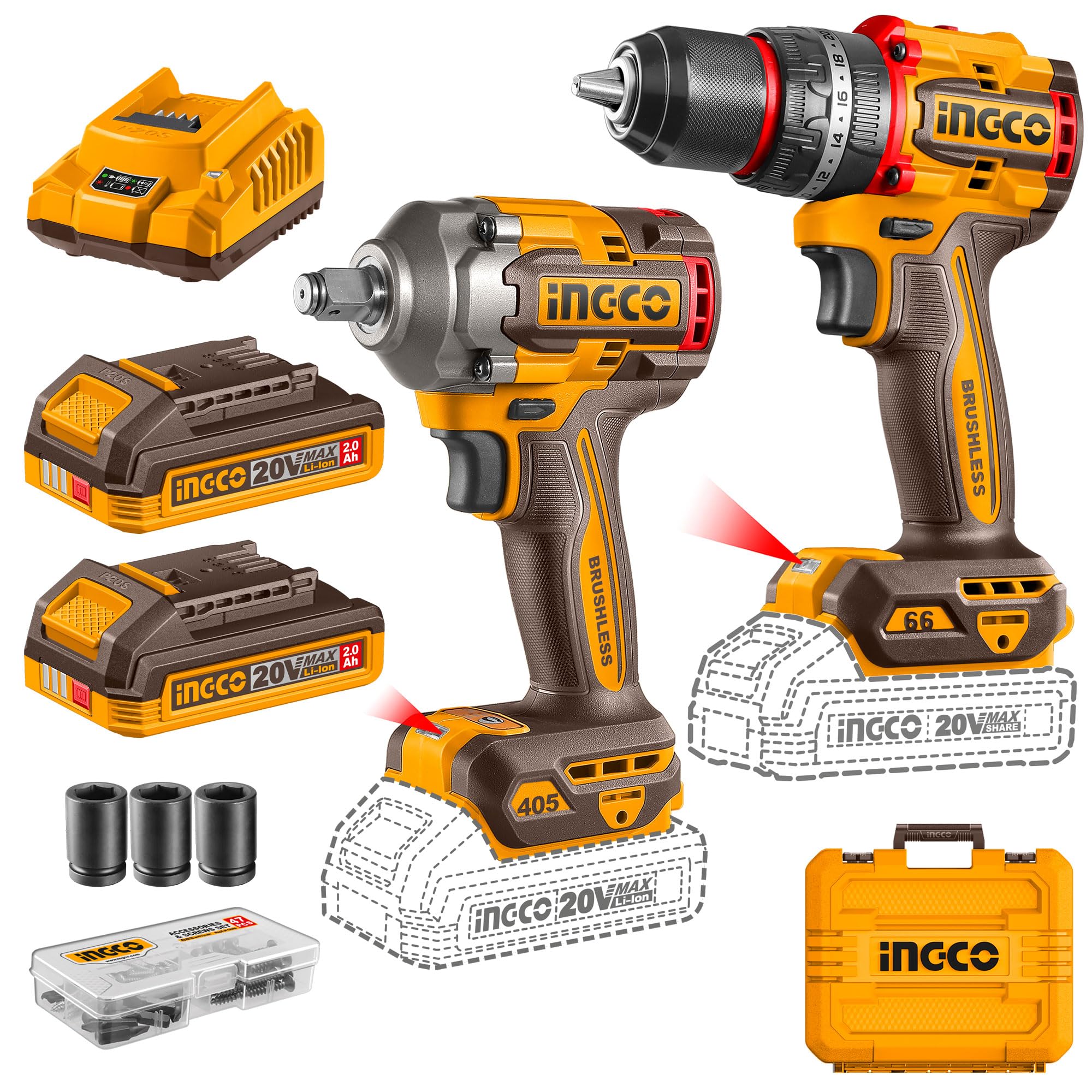 Ingco 20V Cordless Impact Wrench 405NM And Impact Drill 66NM, Brushless Motor, Variable Speed, LED Work Light, with 2Pcs 2.0Ah Battery And Charger, Packed by Carrying Case-picture-14