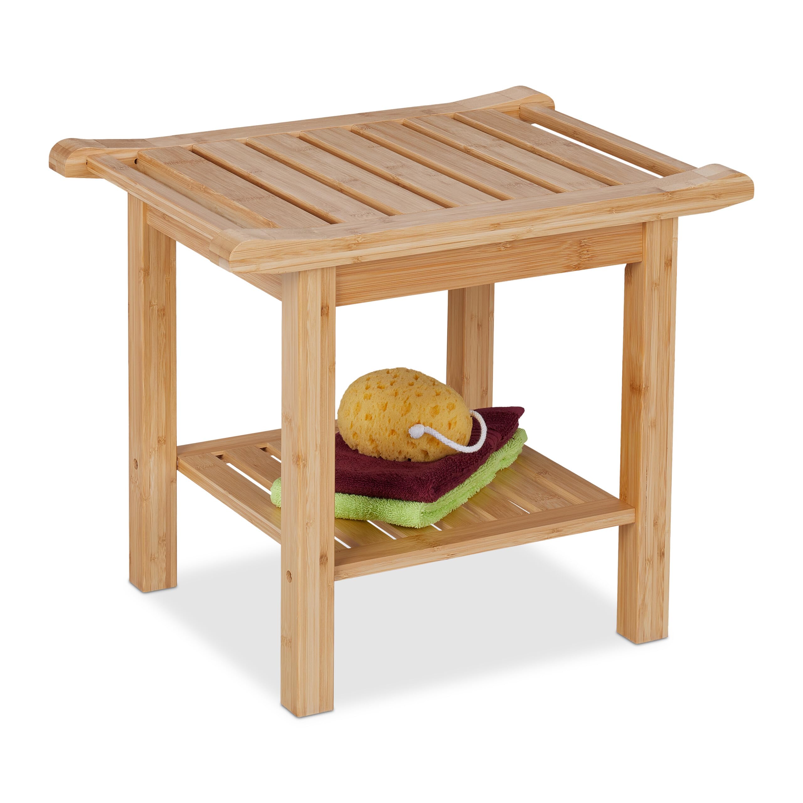 Relaxdays Taboret łazienkowy z bambusa, dodatkowa półka i uchwyty, wys. x szer. x gł.: 45 x 55 x 40,5 cm, miejsce do przechowywania w przedpokoju i łazience, kolor naturalny