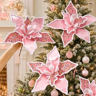 Alecono 6 PCS 13in Pink Candy Cane Poinsettia Artificial Christmas Flowers | Handmade Floral Picks with Colorful Sprinkles & Flexible Stem for Xmas Trees, Wreaths, Garlands, Vases and Home Arrangements