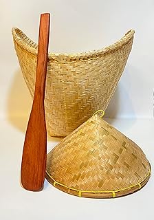 Cooking Rice Bamboo Steamer Basket with Lid and Paddle, Thai Import, Medium