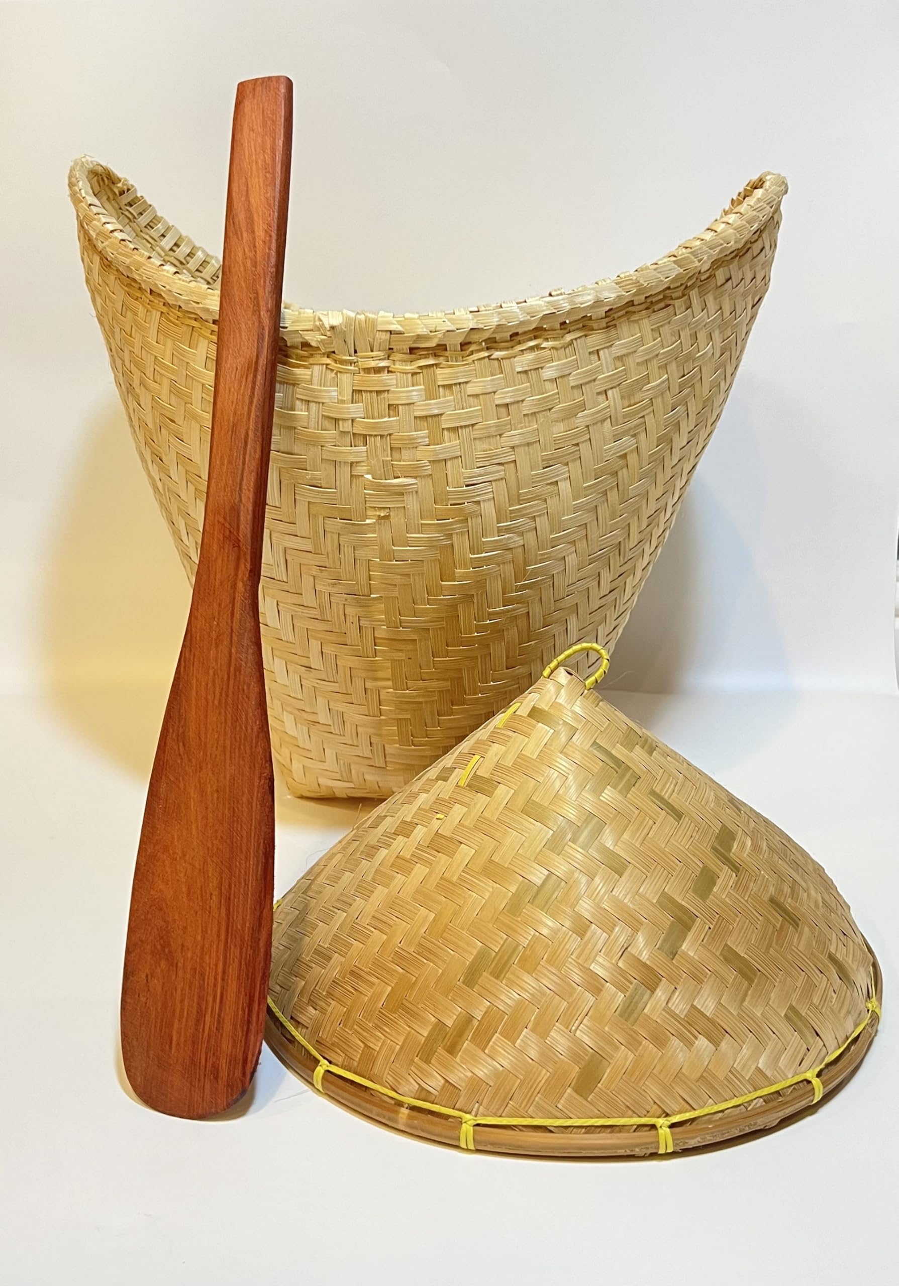 Cooking Rice Bamboo Steamer Basket with Lid and Paddle, Thai Import, Medium
