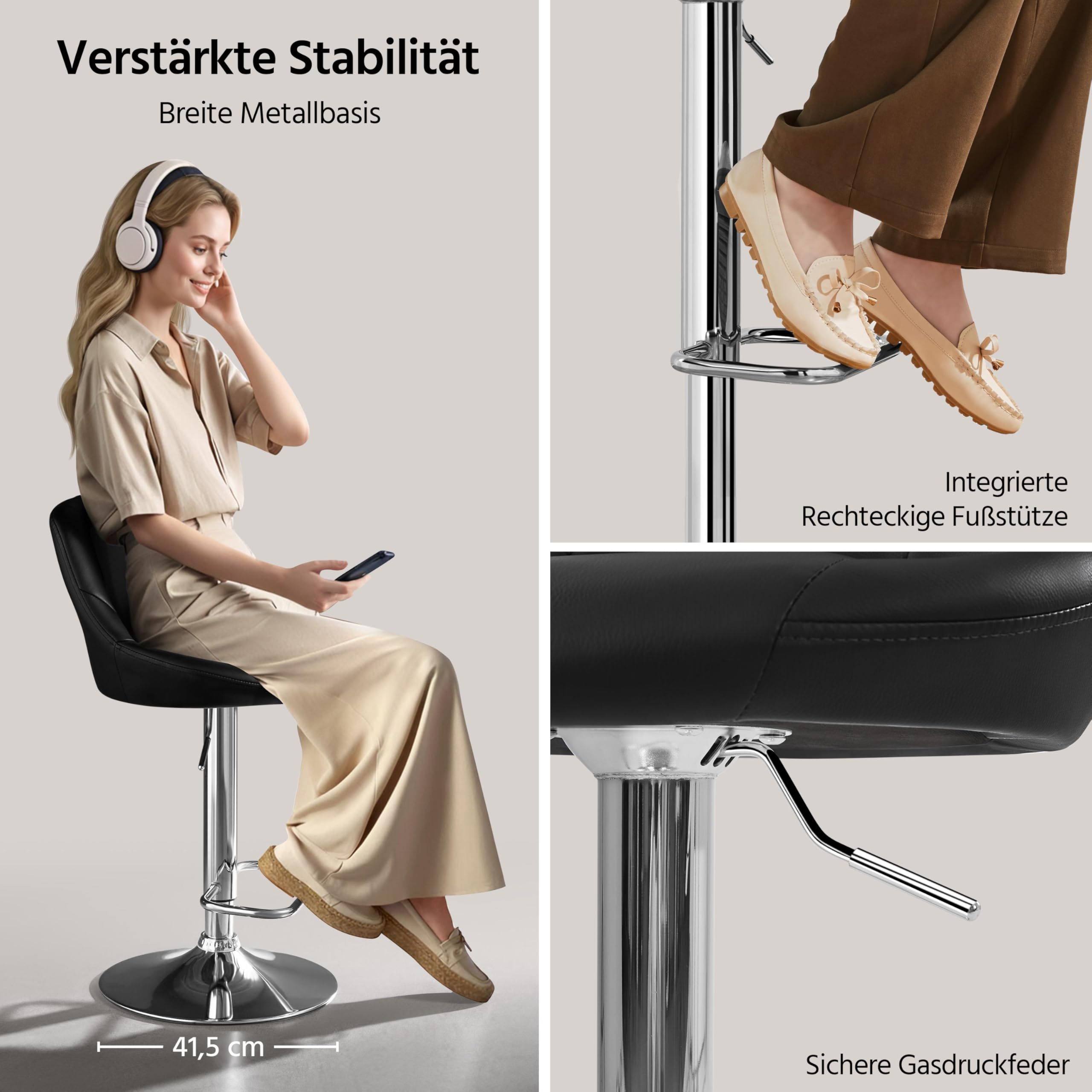 Yaheetech Juego de 1 taburete de bar regulable en altura, giratorio 360°, taburete acolchado con piel sintética para cocina, bar, salón, comedor, color negro