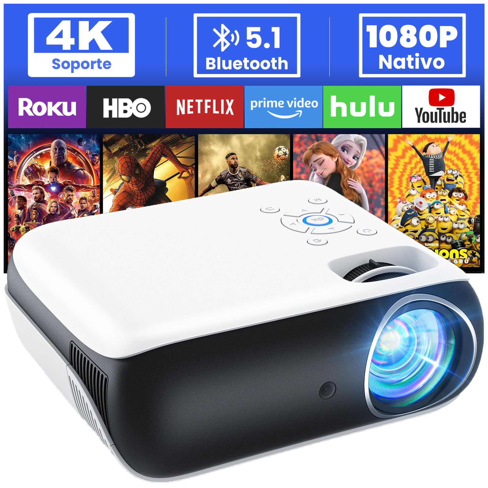 HOPVISON Proyector, Mini Proyector Portátil con Bluetooth, Proyector 4K Supporto 9500 Lúmenes, Proyector de Cine Nativo Full HD 1080P, Videoproyector Android para Casa Fire Stick/Smartphone/PS5/HDMI