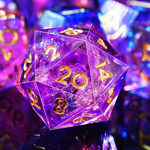 Miniatura 5 de AUSTOR Juego de dados DND de 7 troqueles hechos a mano con borde afilado para juegos de mesa MTG de mazmorras y dragones (melocotón y azul)