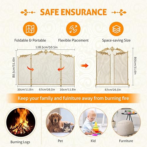 Miniatura 4 de WICHEMI Pantalla de chimenea de 3 paneles plegables para chimenea, 50.4 x 32.3 pulgadas, cubierta de malla de metal para horno, valla segura para