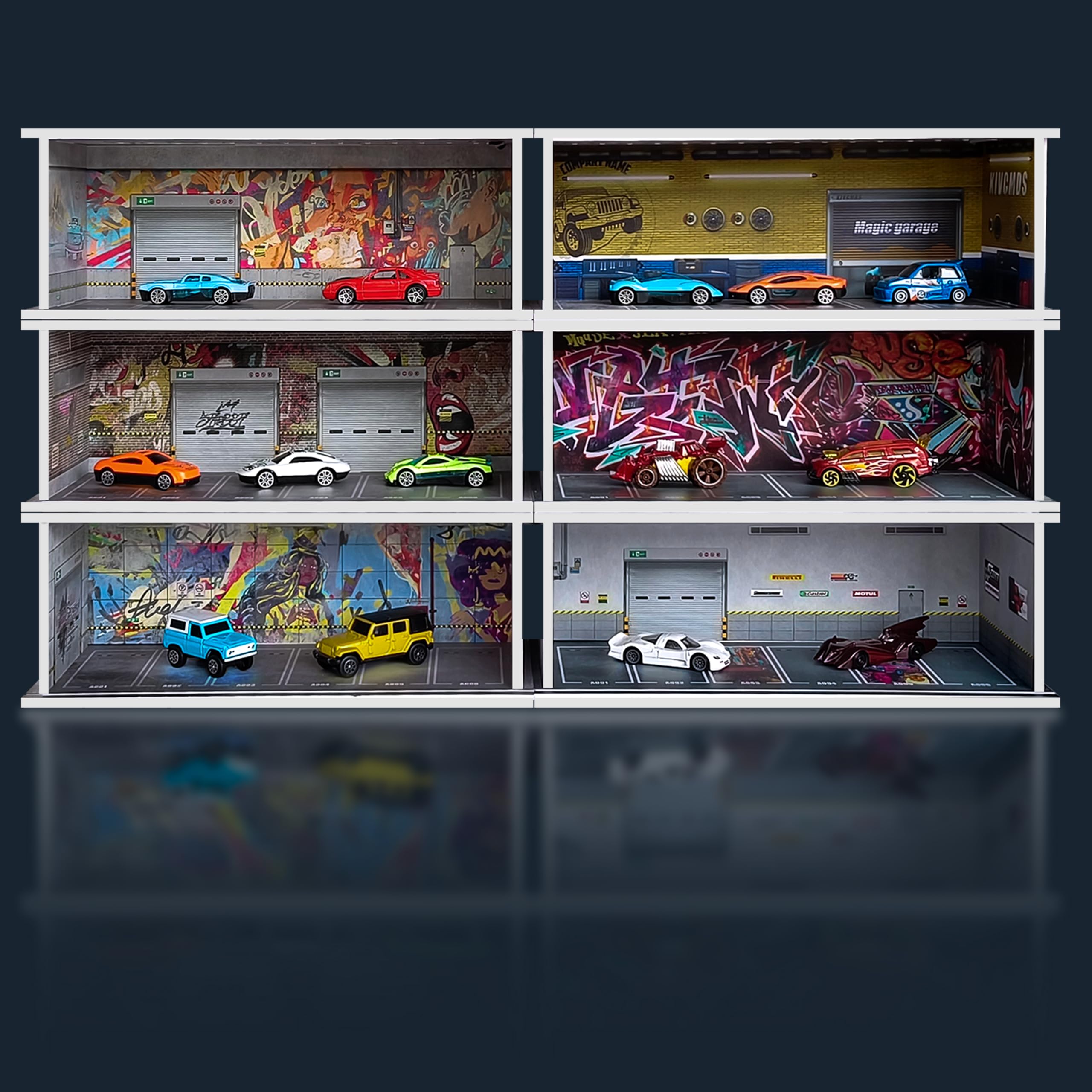 Saichotoy Vitrine pour Hot Wheels : garage de stationnement empilable pour boîte d'allumettes à l'échelle 1/64, rangement en mousse pour camions monstres avec lumière LED et couvercle acrylique, cri