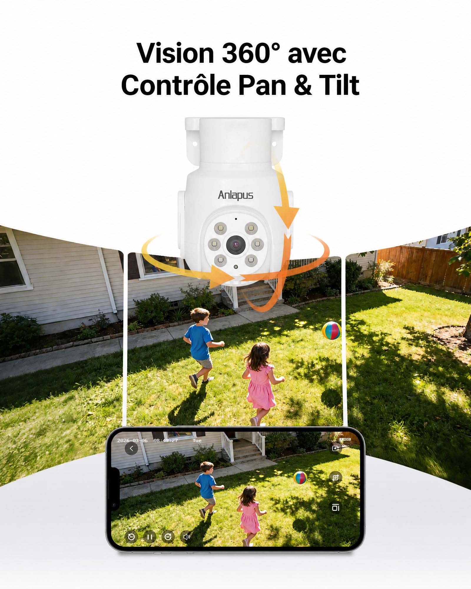 Anlapus 2MP PTZ Kit Caméra Surveillance avec Fil Extérieure DVR 8CH en 5MP | Détection Humain/Véhicule, Caméra Sécurité Rotation 360°, Enregistrement 24/7, Alerte Instantanée via APP gratuite