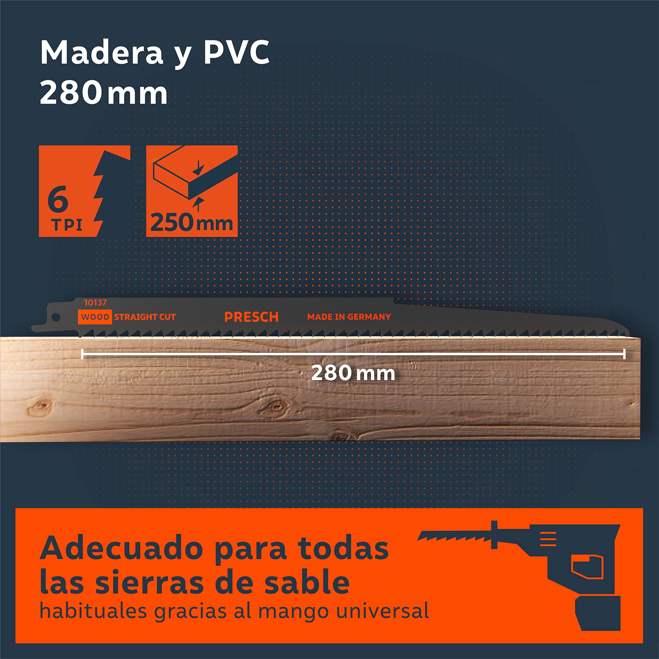 Presch Hojas de sierra sable madera 280mm 10 piezas (largas) - Corte 6-250mm - Hojas de sierra de sable para madera, tubos de PVC y más. - Juego de hojas de sierra con caja incluida