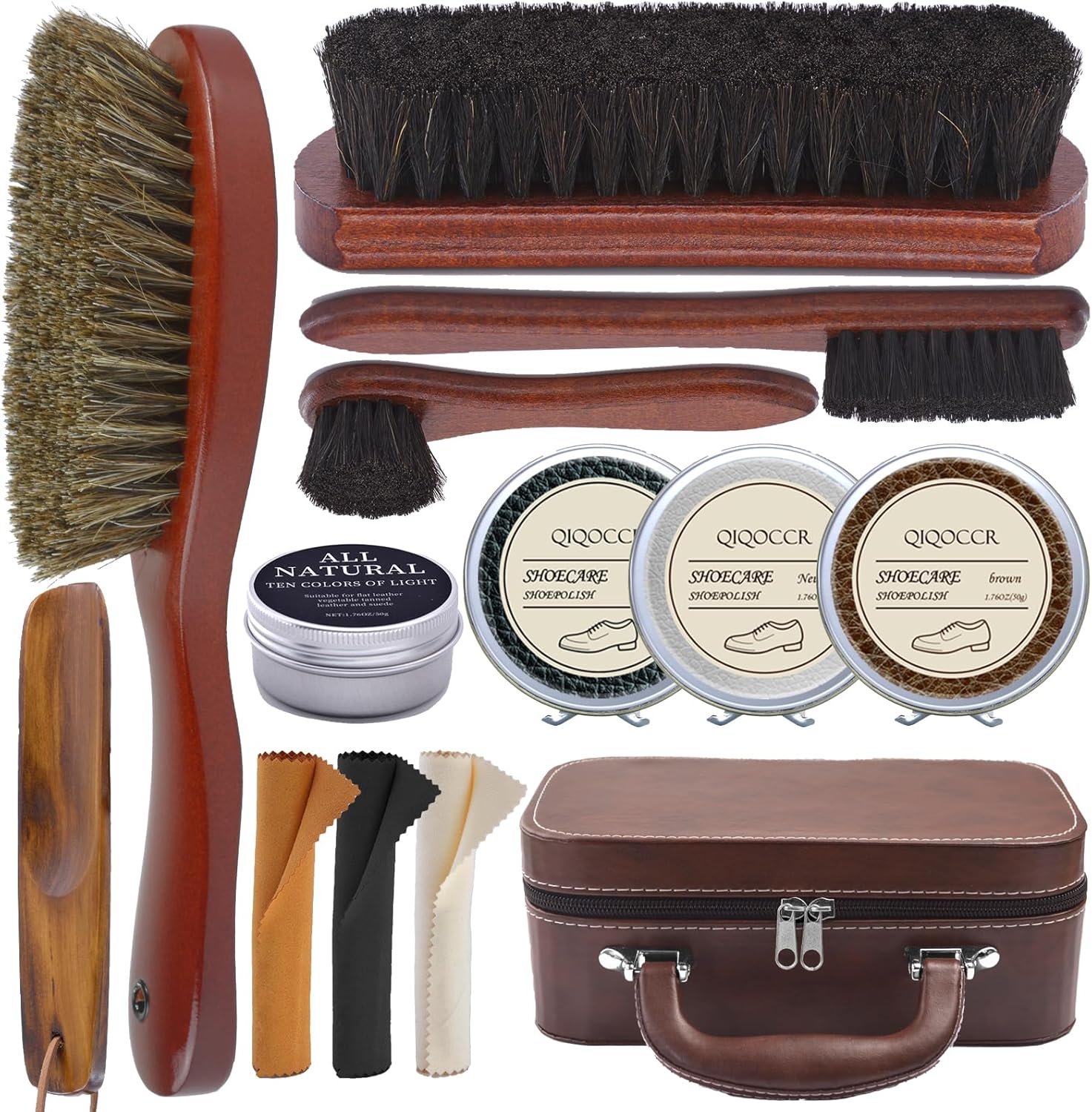Shoe Cleaning Kit,13 Pcs Leather Boot Care Kit, Shoe Polish, Mink Oil, Shine Cloths, Shoe Brushes, Shoe Horn, and More for Leather Boot Care and Cleaning, Leather Polish Kit Gift for Men Women