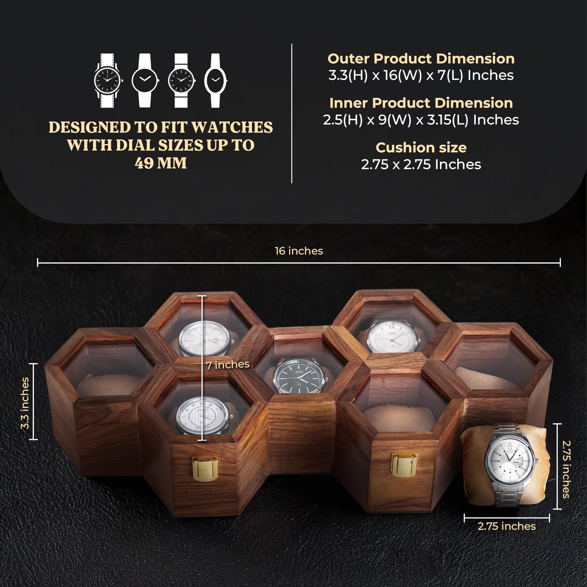 Caja organizadora de relojes para hombre, expositor de palisandro oscuro con tapa de cristal, elegante almacenamiento de relojes de viaje, regalo para él (7 ranuras)