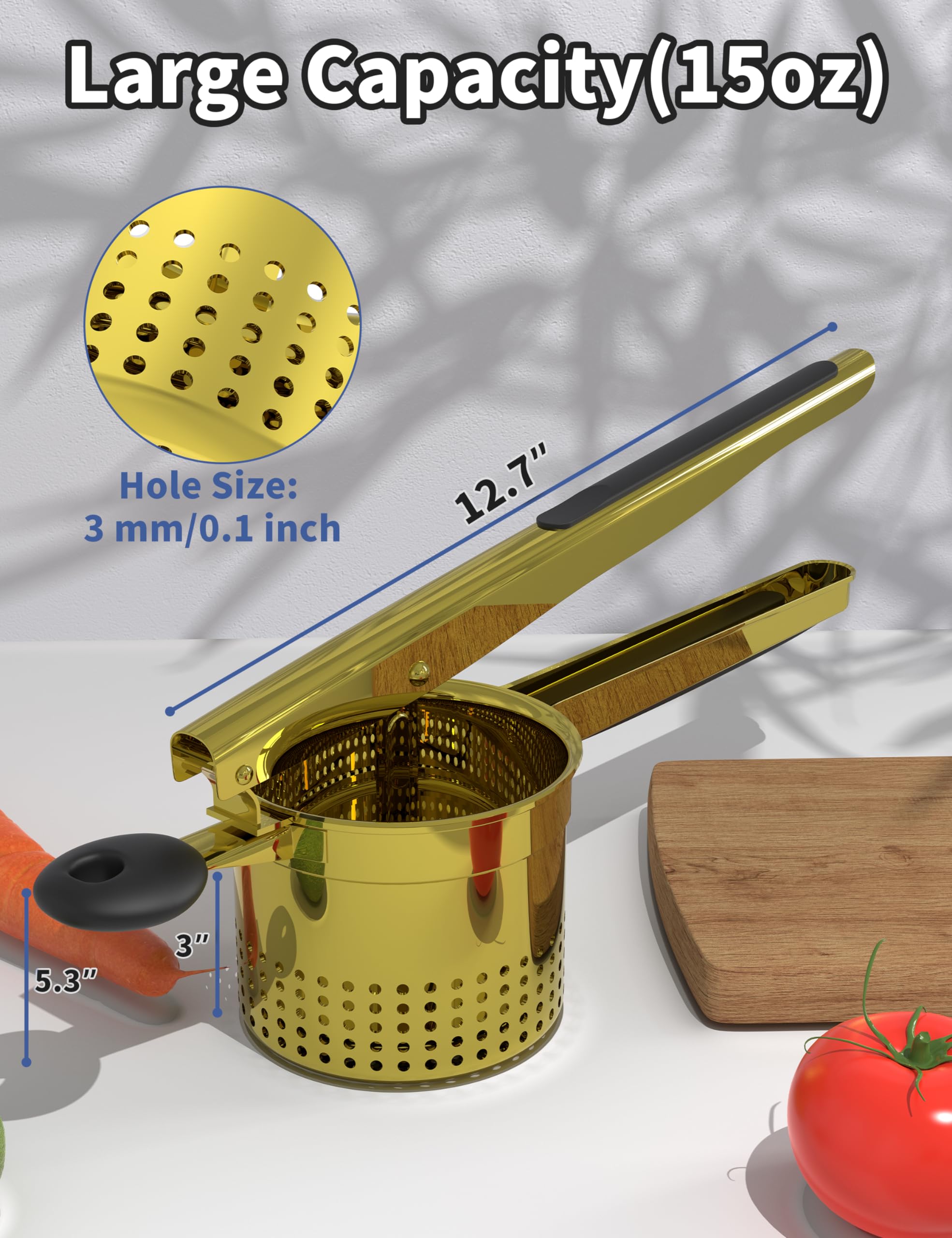 GloTika Große 425 ml Kartoffelpresse aus robustem Edelstahl für Kartoffelpüree, Süßkartoffelstampfer, Küchenwerkzeug mit ergonomischem Griff, Press- und Stampf-Küchenhelfer, Gold