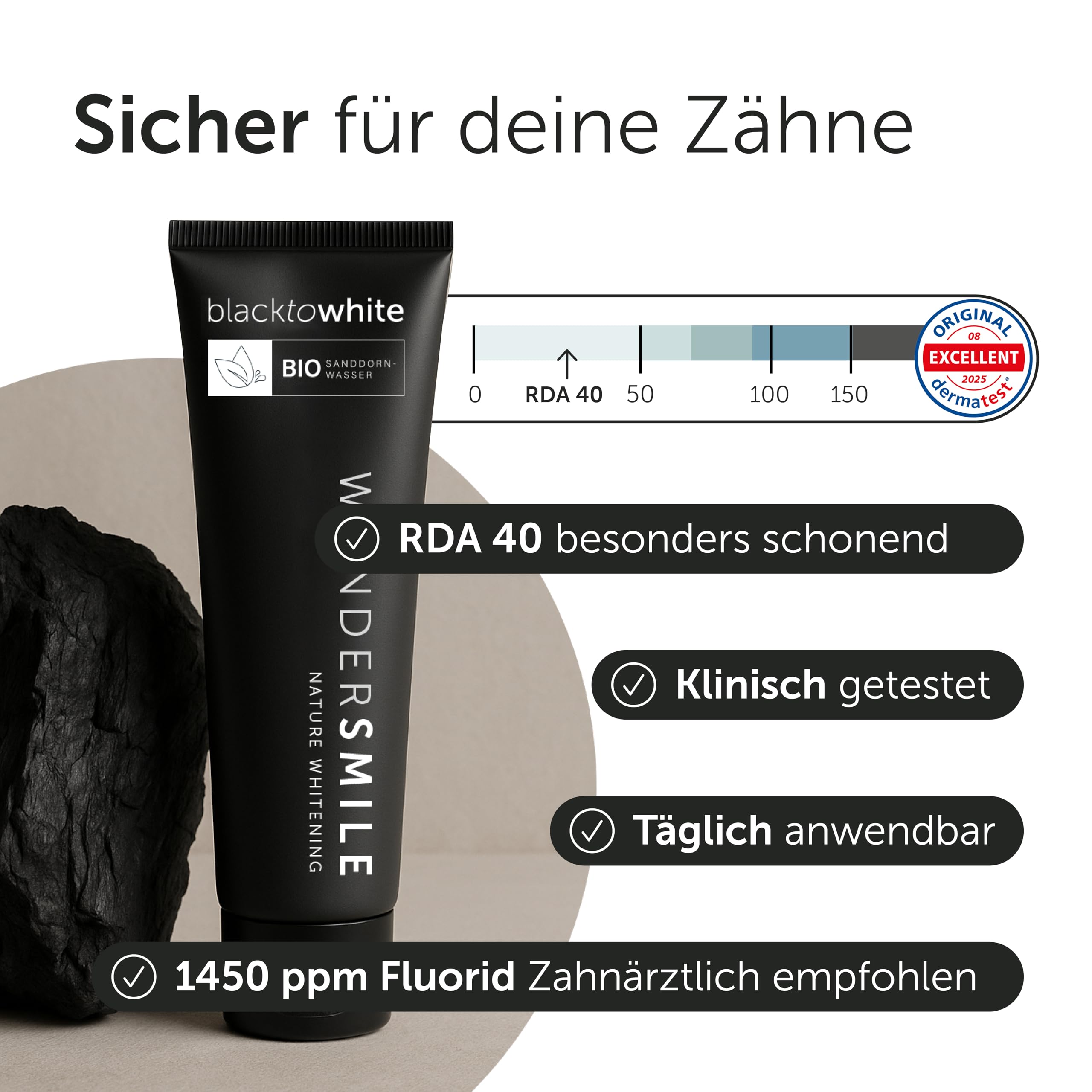 Wondersmile Aktivkohle Zahnpasta Mint – sanftes Whitening - Fluorid 1450 ppm - inkl. BIO Sanddornwasser & Hyaluron - NCS-zertifizierte Naturkosmetik - 100% vegan (8er Pack)