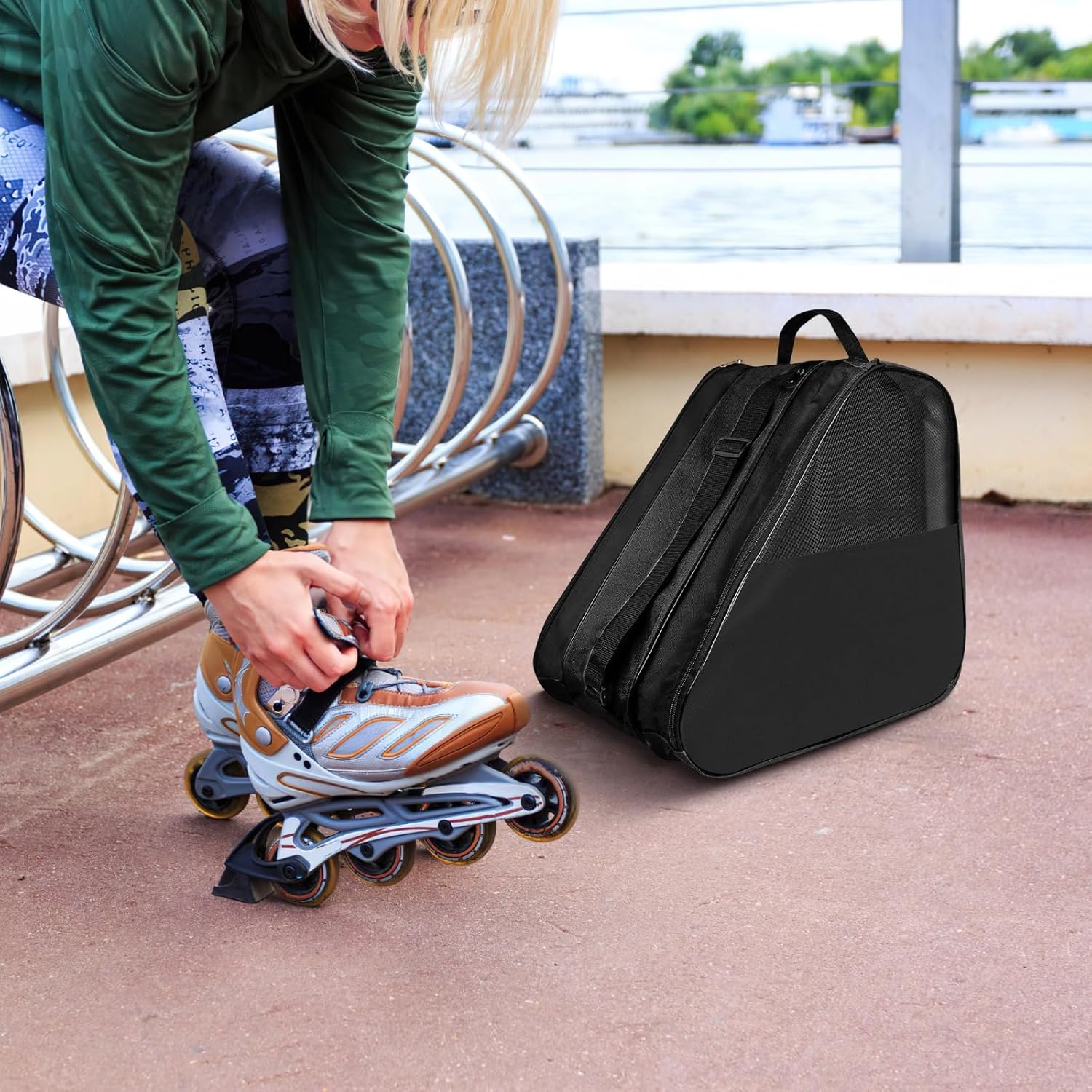Roller Skate Storage Bag With 3-Layer Design, Mesh Ventilation & Multi-Carry Shoulder Strap, Large Organizer For Ice And Inline Skates