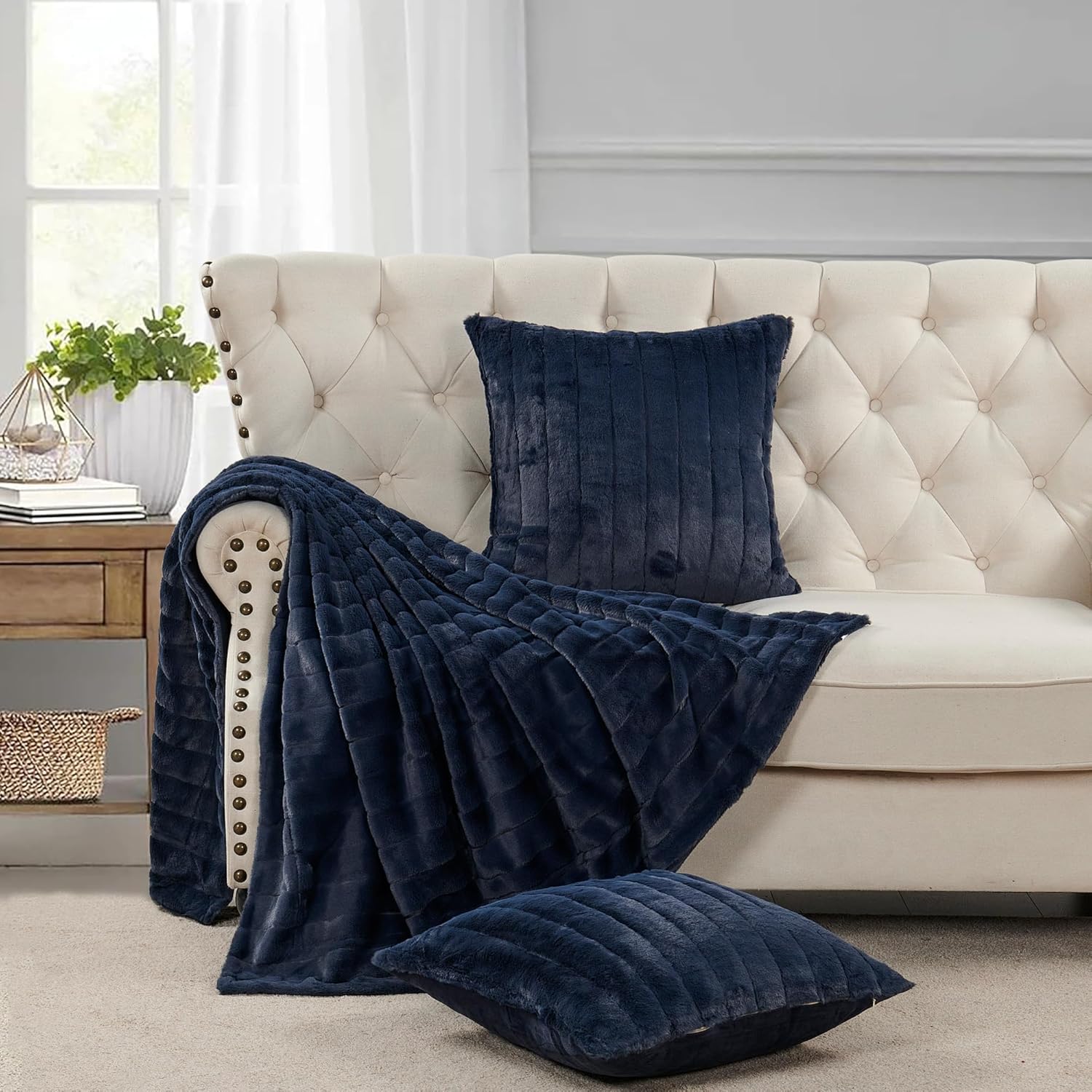 HESTIN Striped Faux Fur Throw Blanket and Pillow Cover Set - 50" x 60" Rabbit Soft Blanket + 18 x 18 Inches Decorative Pillow Covers for Couch, Bed, Sofa - Set of 3, Navy Blue, Cozy & Lightweight