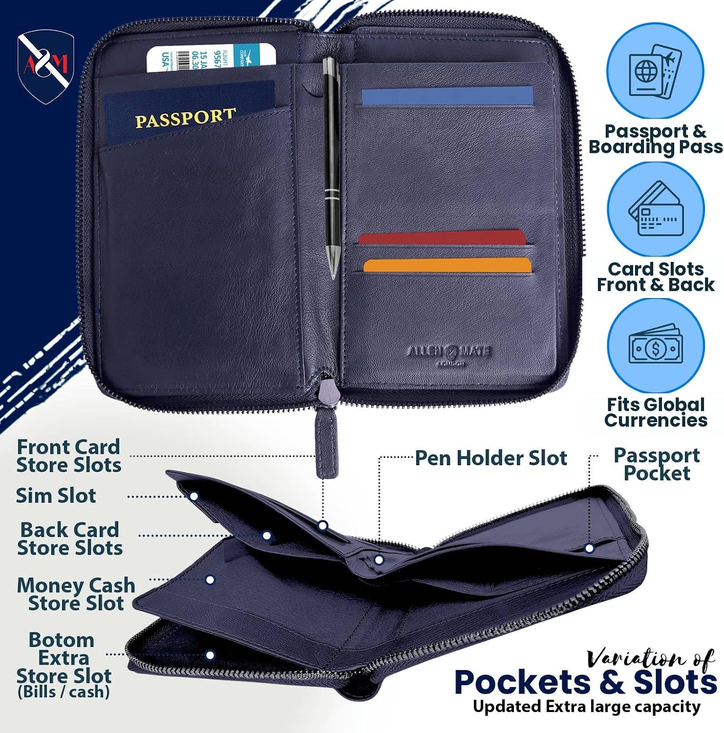 ALLEN & MATE Leather Passport Holder for Travel, RFID Zip Travel Wallet