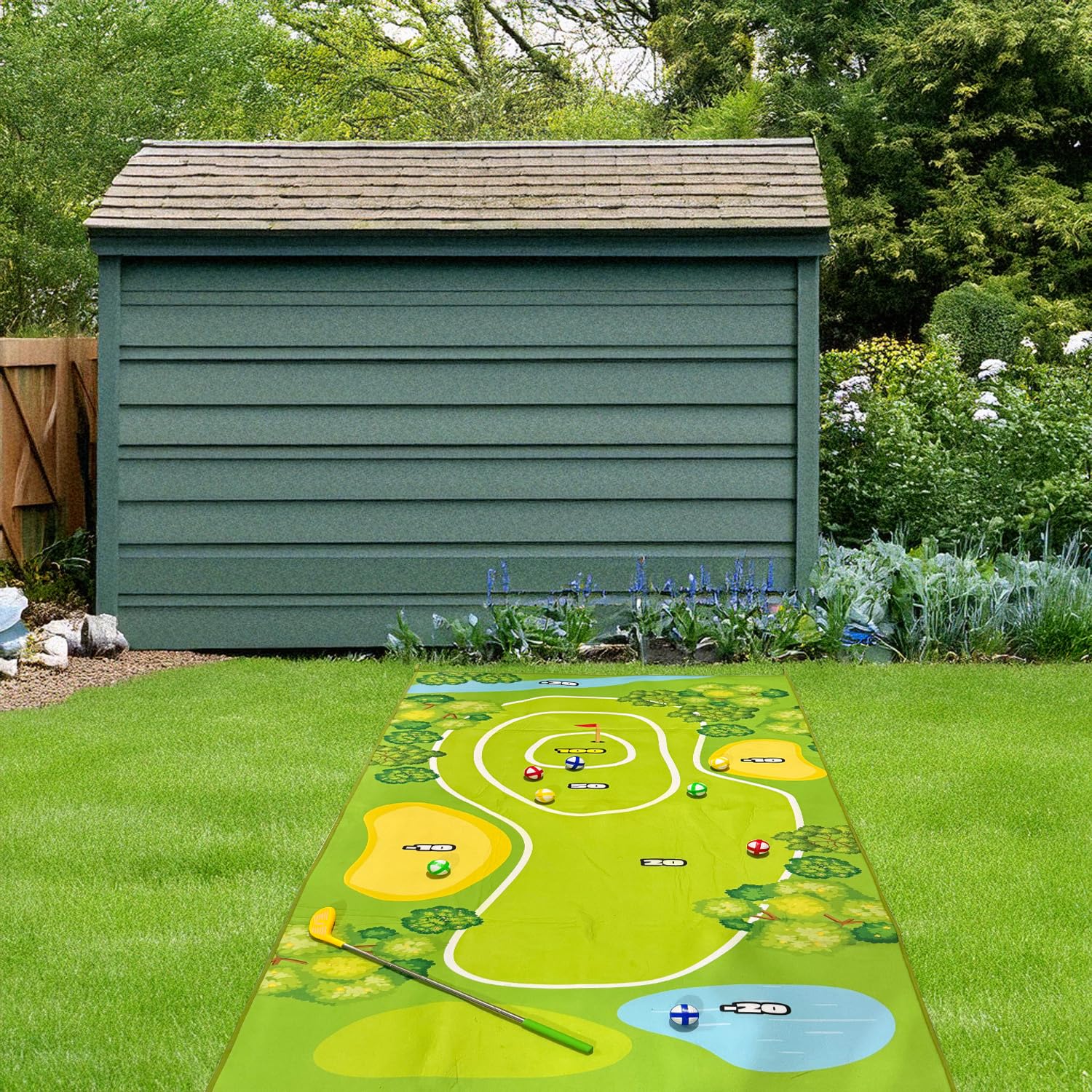 Golf Abschlag Matte Minigolf Für Zuhause - Mini Golf Set Indoor - 160x100 cm Golf Teppich - Inkl. 8 Bälle in 4 Farben - Minigolf Geschenk Für Zuhause