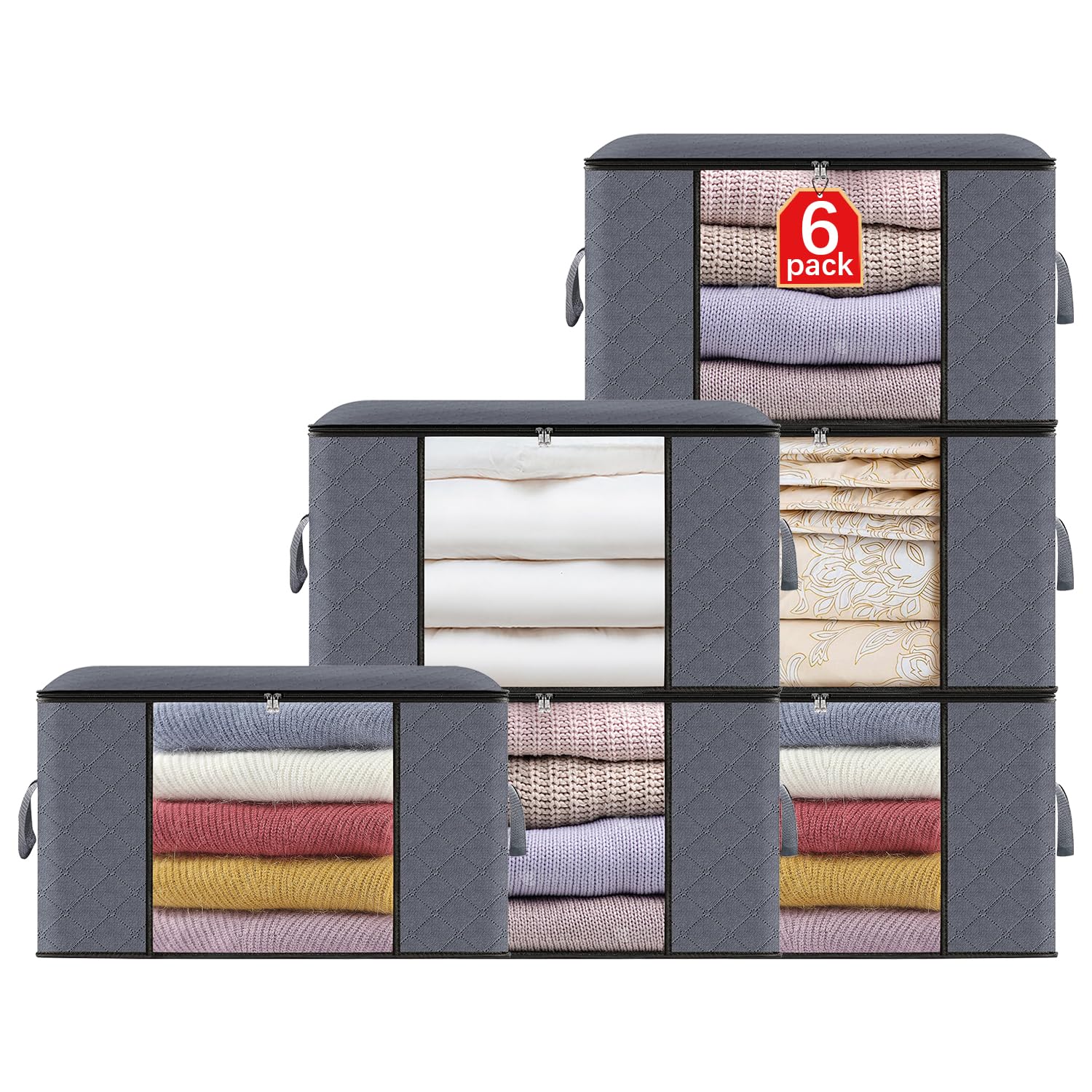 6 Pcs Clothes Storage Bags- 90L Large Capacity Closet Organizers and Storage, Clothes Storage Bins with Reinforced Handles, Foldable Organizers Storage Containers for Clothing, Blanket,Bedding