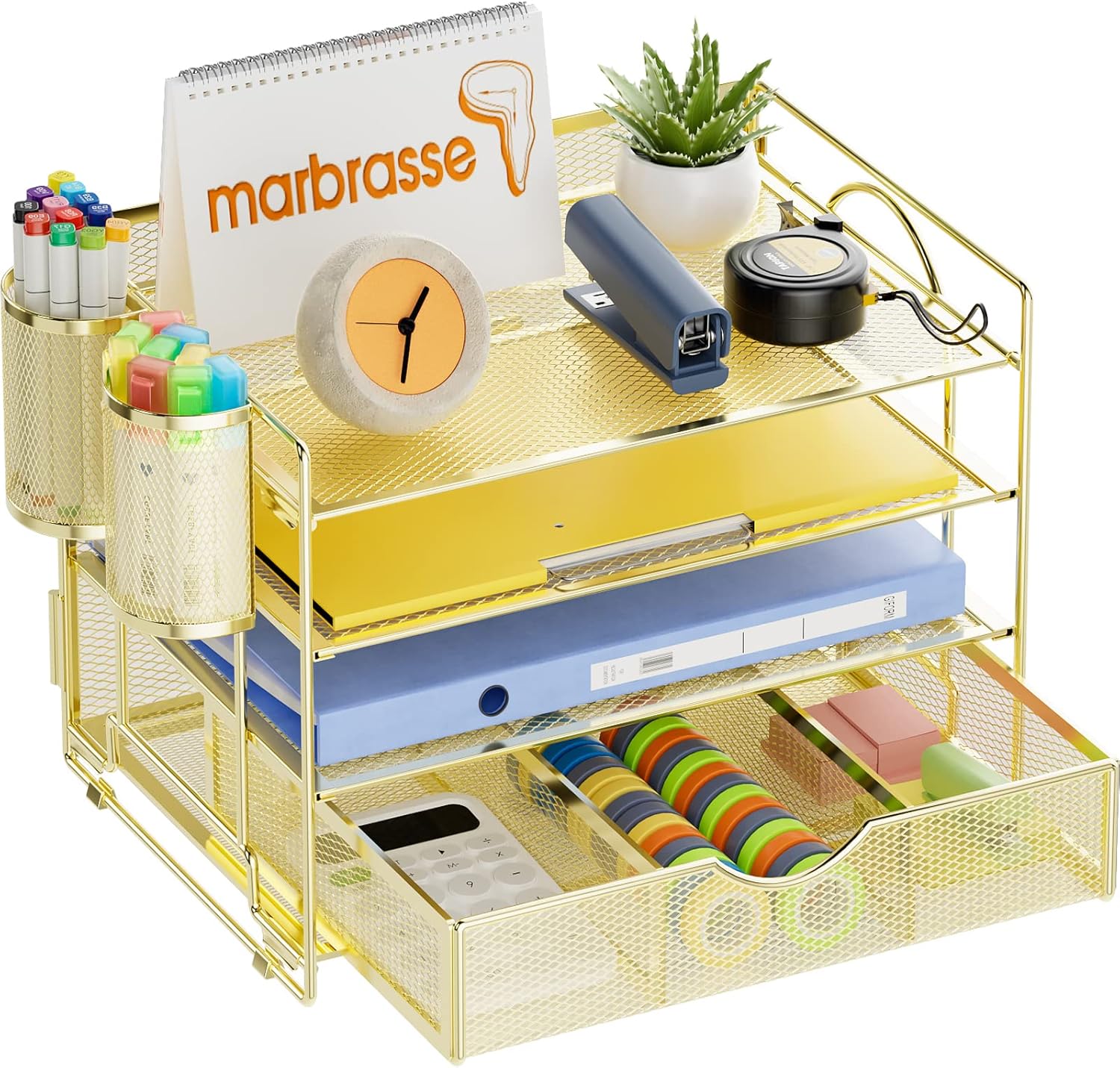 Marbrasse Gold 4Trays Desk File Organizer with 2 Pen Holder, Desktop