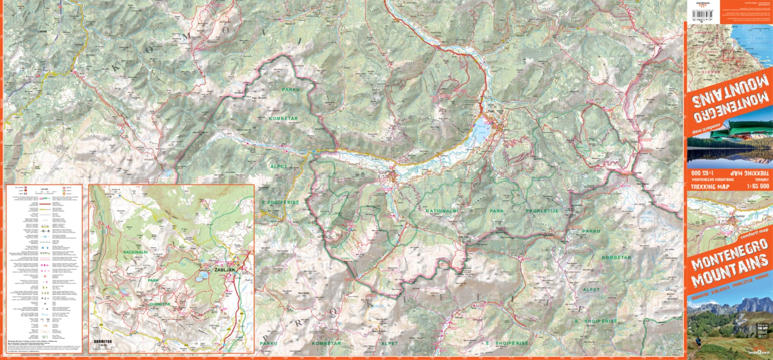 Montagnes du Monténégro. Durmitor, Bjelasica, Prokletije, Komovi 1/65.000 (carte grand format laminée; trekking tQ). Montenegro Mountains