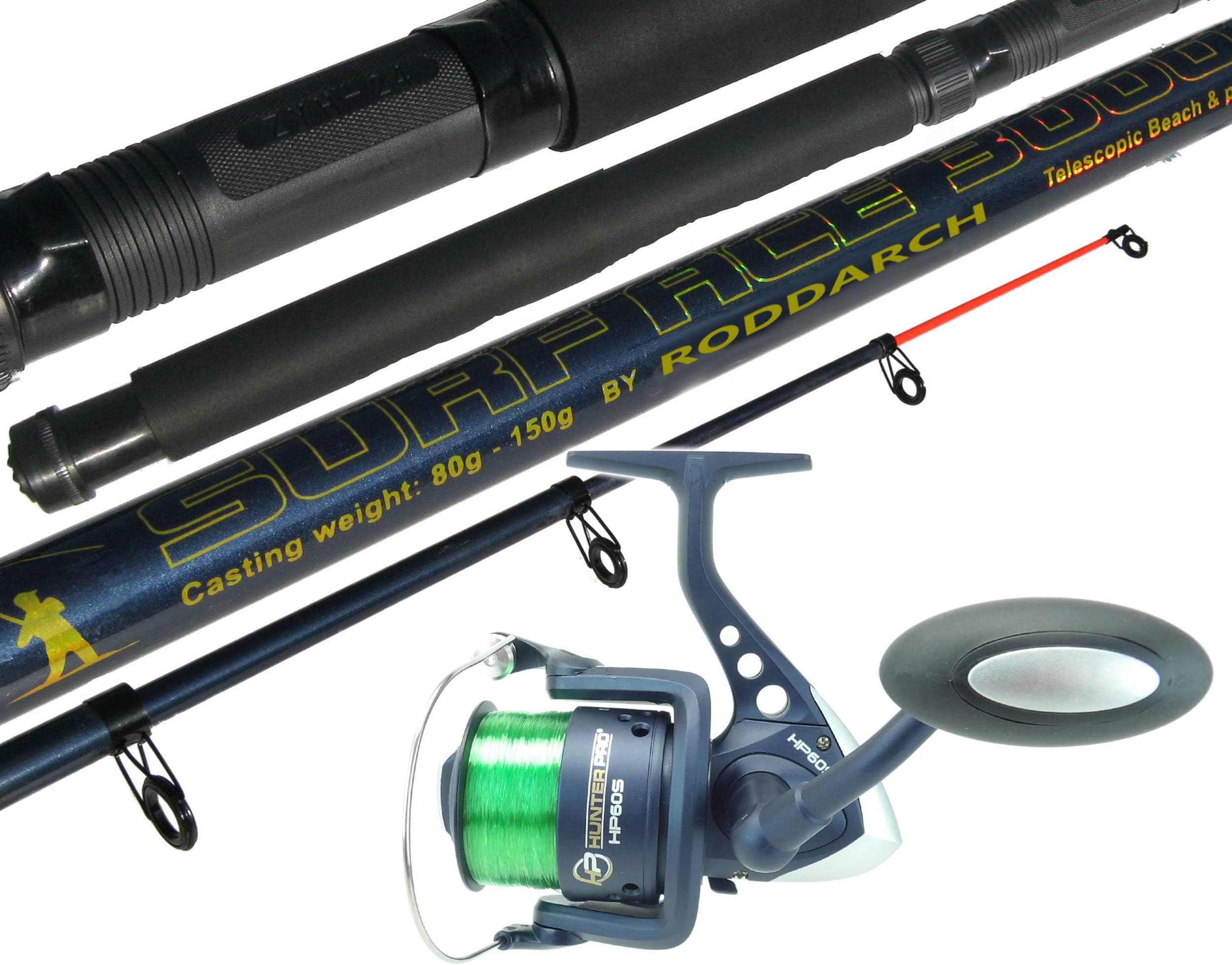 10 ft Telescopic Sea Fishing Kit: Surf Ace Beachcaster Rod and HP60S Saltwater Reel with 15 lb Line