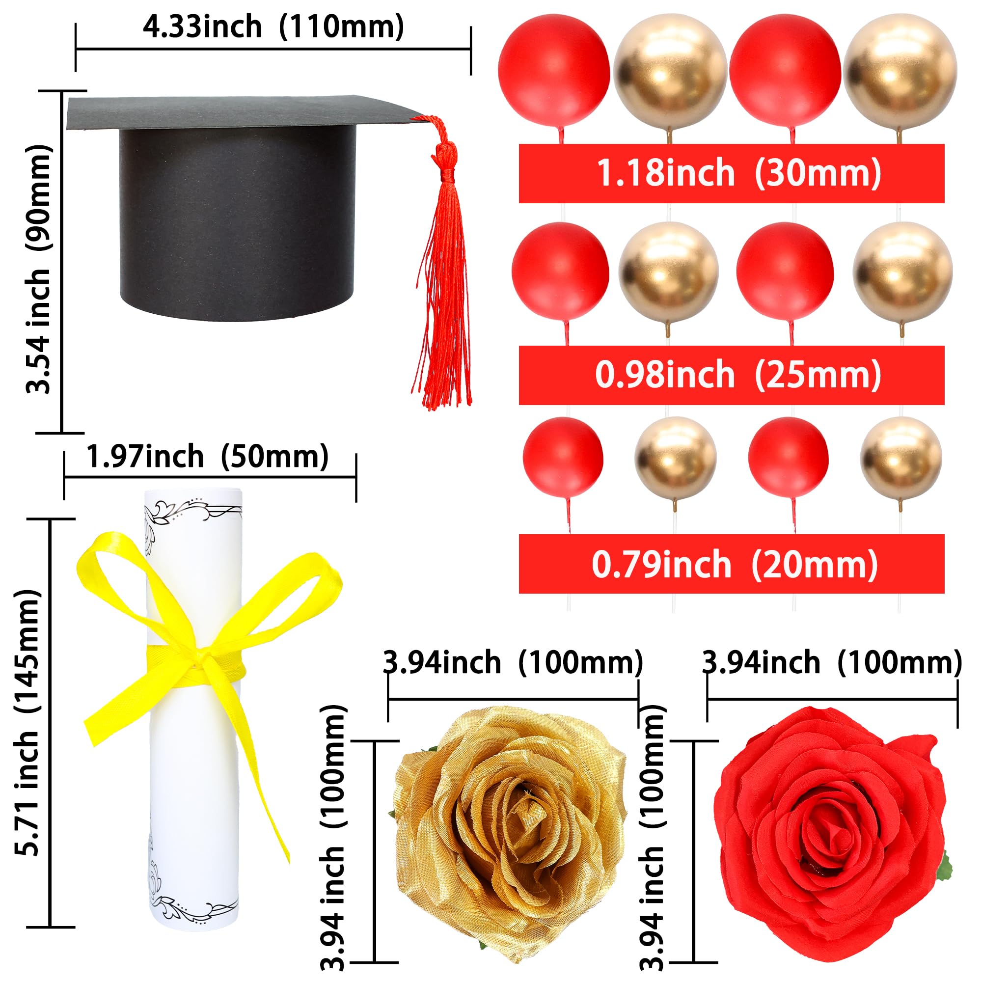 Gyufise 40Pcs 2025 Graduation Cake Topper Decoration Diploma Done Diploma Grad Cap Cake Pick Balloon Flower Prom 2025 Cake Decorations for Class of 2025 Congrats Grad Party Supplies Red Gold - Image 2