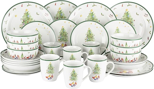 30 Piece Festive Christmas Tree Dinnerware Set  White & Green Dinner & Side Plate, Deep Bowl, Pasta Bowl & Mug Set  Dishwasher & Microwave Safe Porcelain Dining Set for 6 People